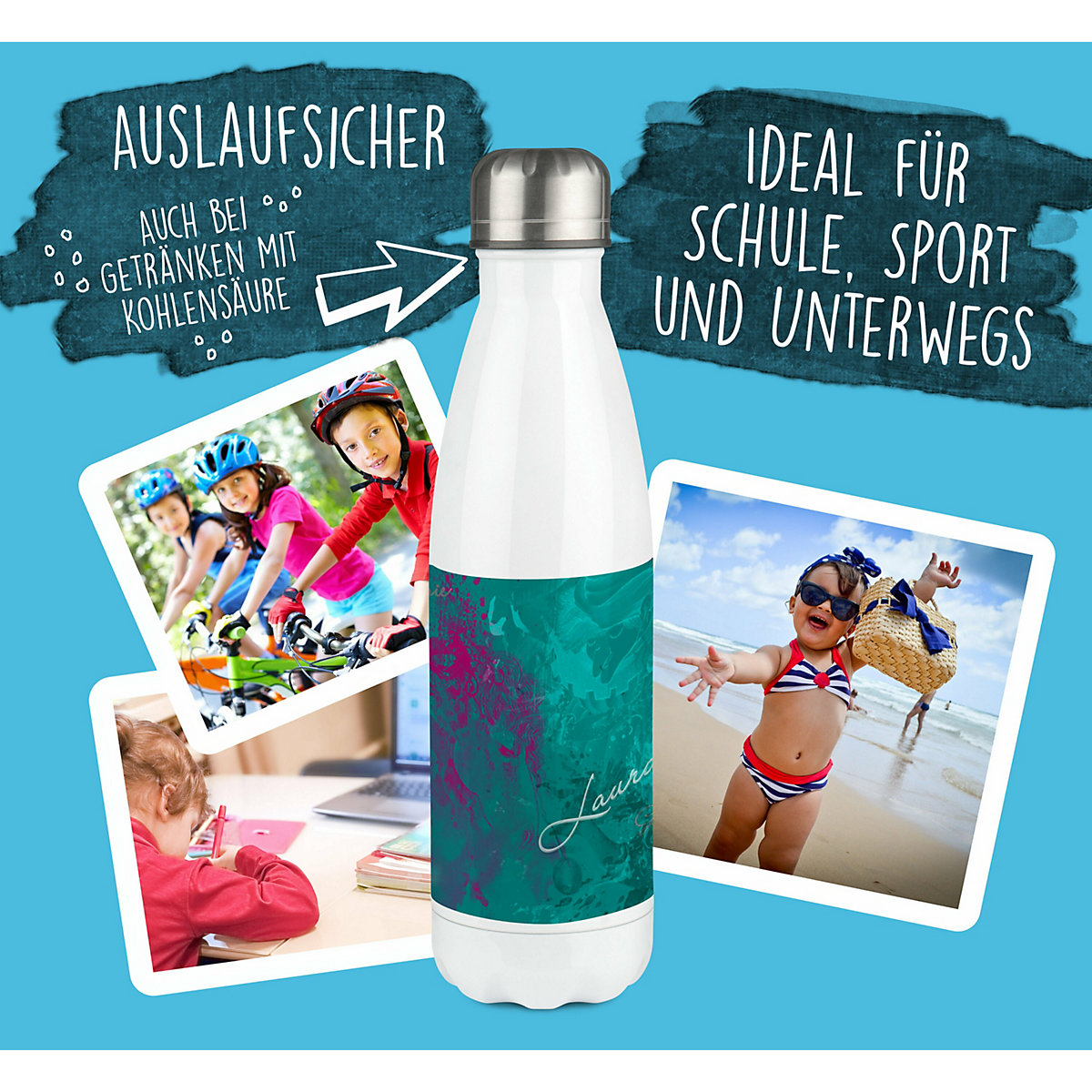 Edelstahl Kinder Thermoflasche / Trinkflasche bunt Traum Farbe petrol pink Spülmaschinenfest, Auslaufsicher, Bruchfest, Doppelwandig, Für Heißgetränke geeignet, Mit Deckel, Isoliert