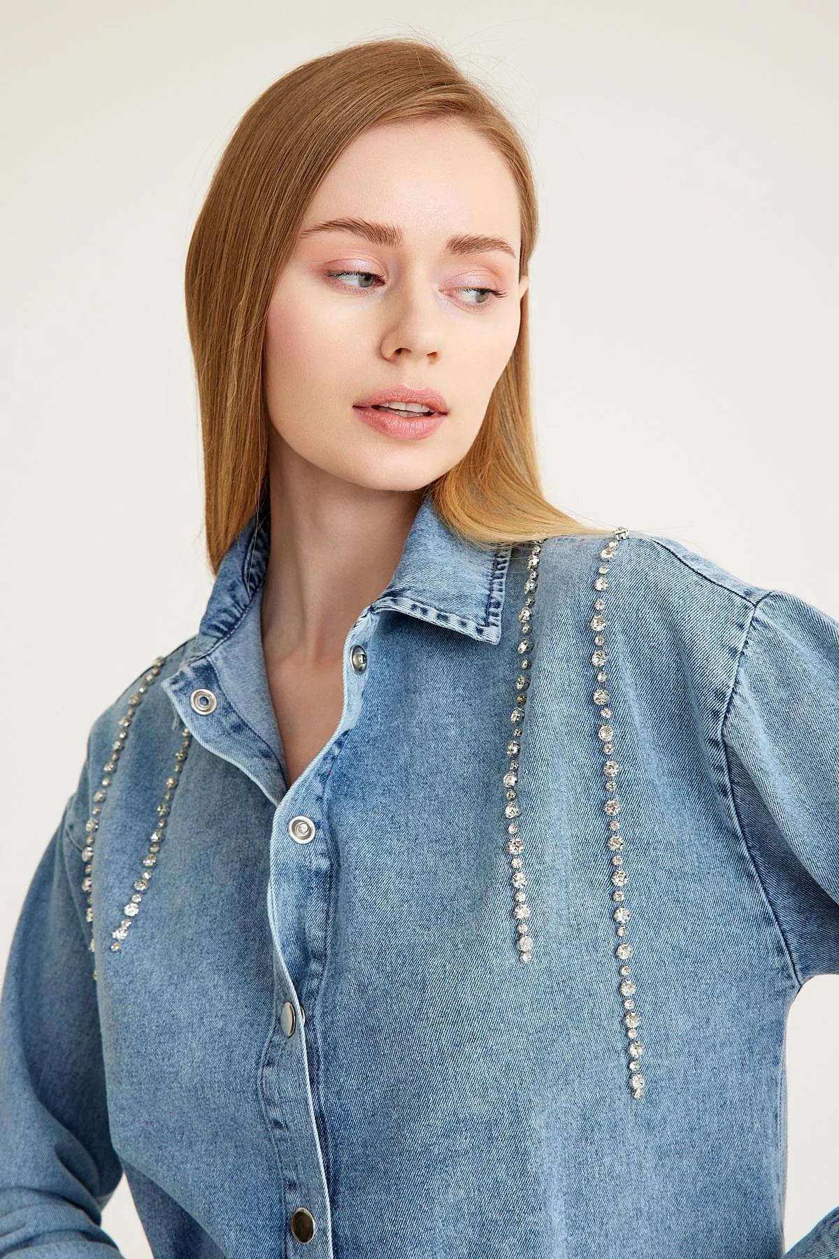 Olcay  Set aus Tunika und Hose aus Denim mit Steindetail - BLAU 9227-YTK
