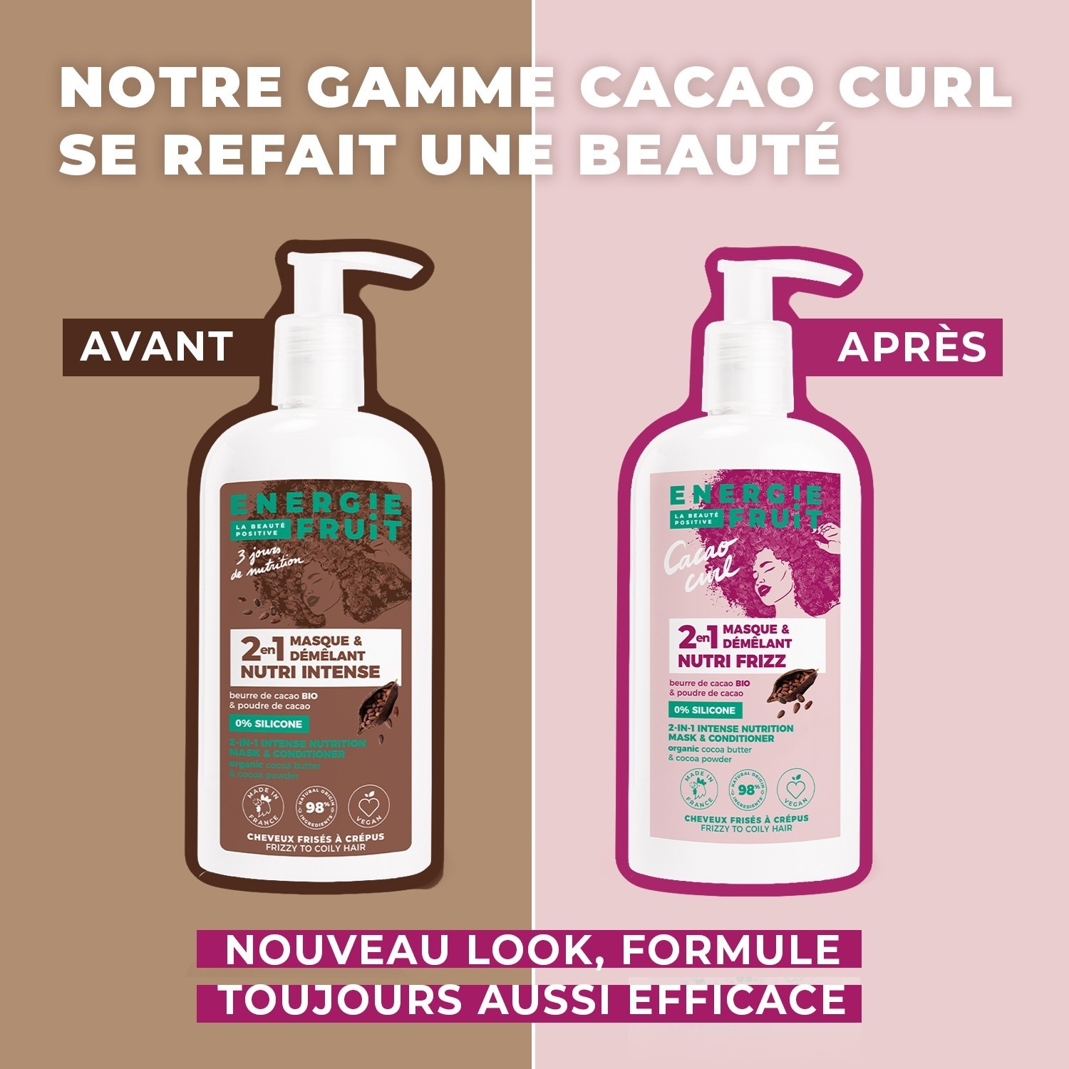 Mască Energie Fruit 2 în 1 Nutri Frizz - Fără silicon - Pentru păr creț până la creț - Unt de cacao și pudră de cacao organice