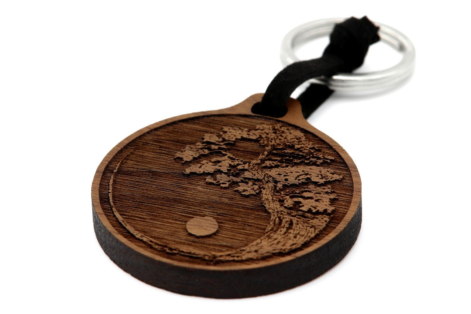 NaturSchatulle Schlüsselanhänger mit Gravur aus Holz mit Motiven (mit Edelstahl Schlüsselring, Ø 4,5cm), Kompass, Hirsch, Yin Yang, Lebensbaum, Faultier