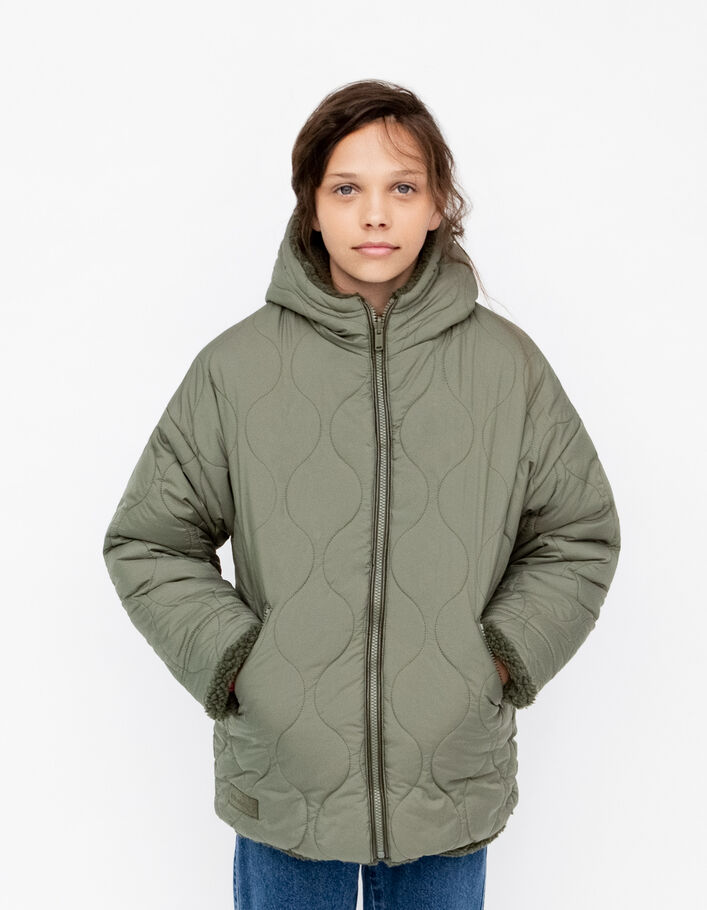Manteau réversible kaki Sherpa ou matelassé fille