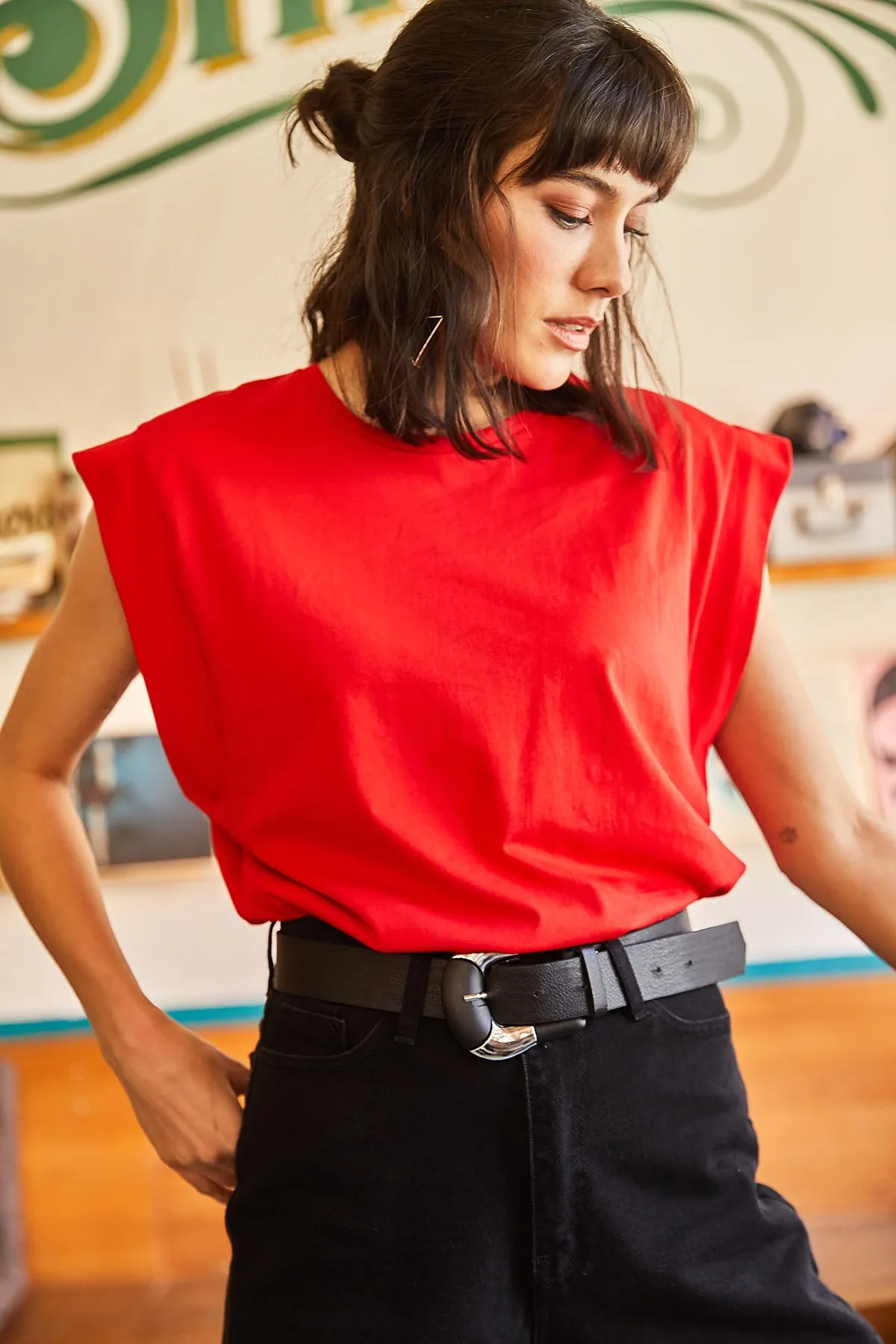 Olalook  Rotes Achselstück-Fledermaus-T-Shirt für Damen TSH-19000330