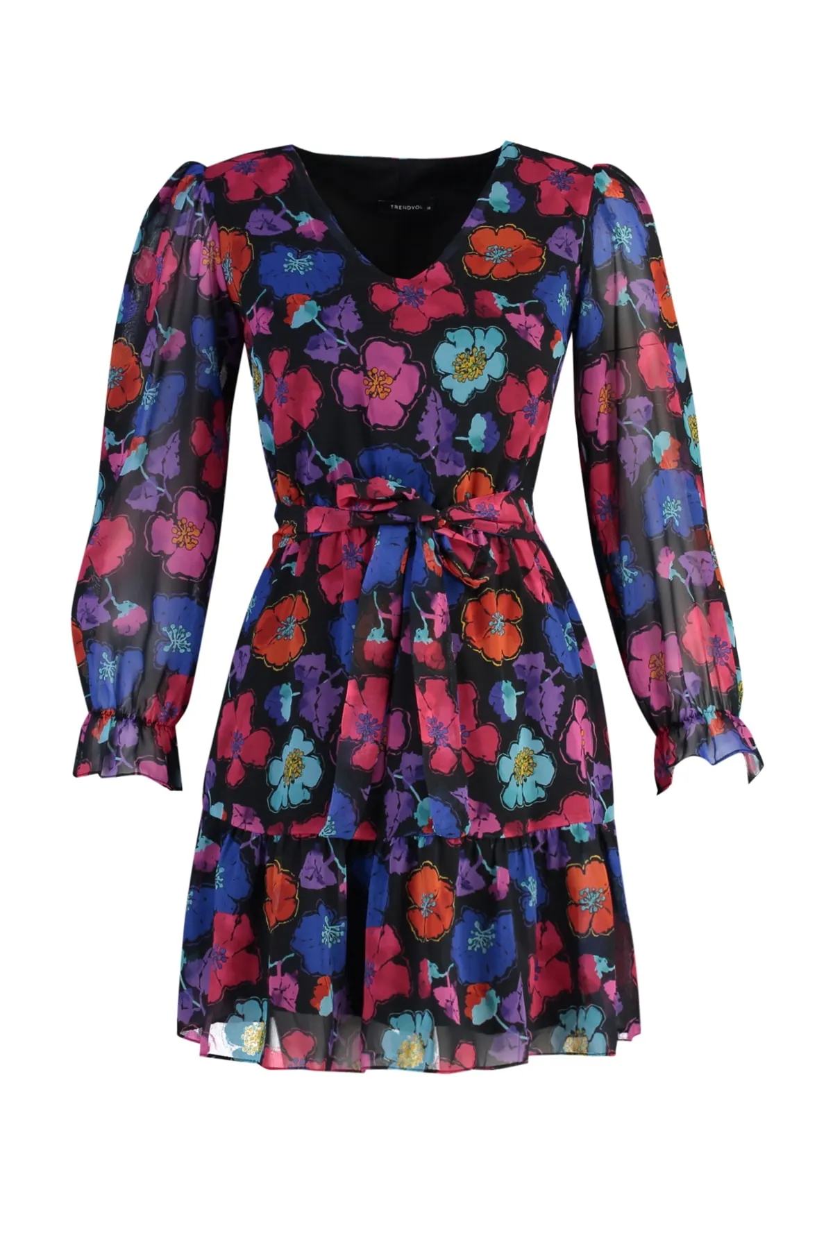 Trendyol Collection  Schwarzes, gemustertes Webkleid mit Gürtel TWOAW23EL00350