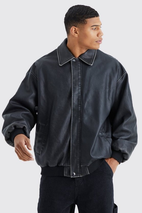 Zerrissene Oversize PU-Bomberjacke mit Einsätzen