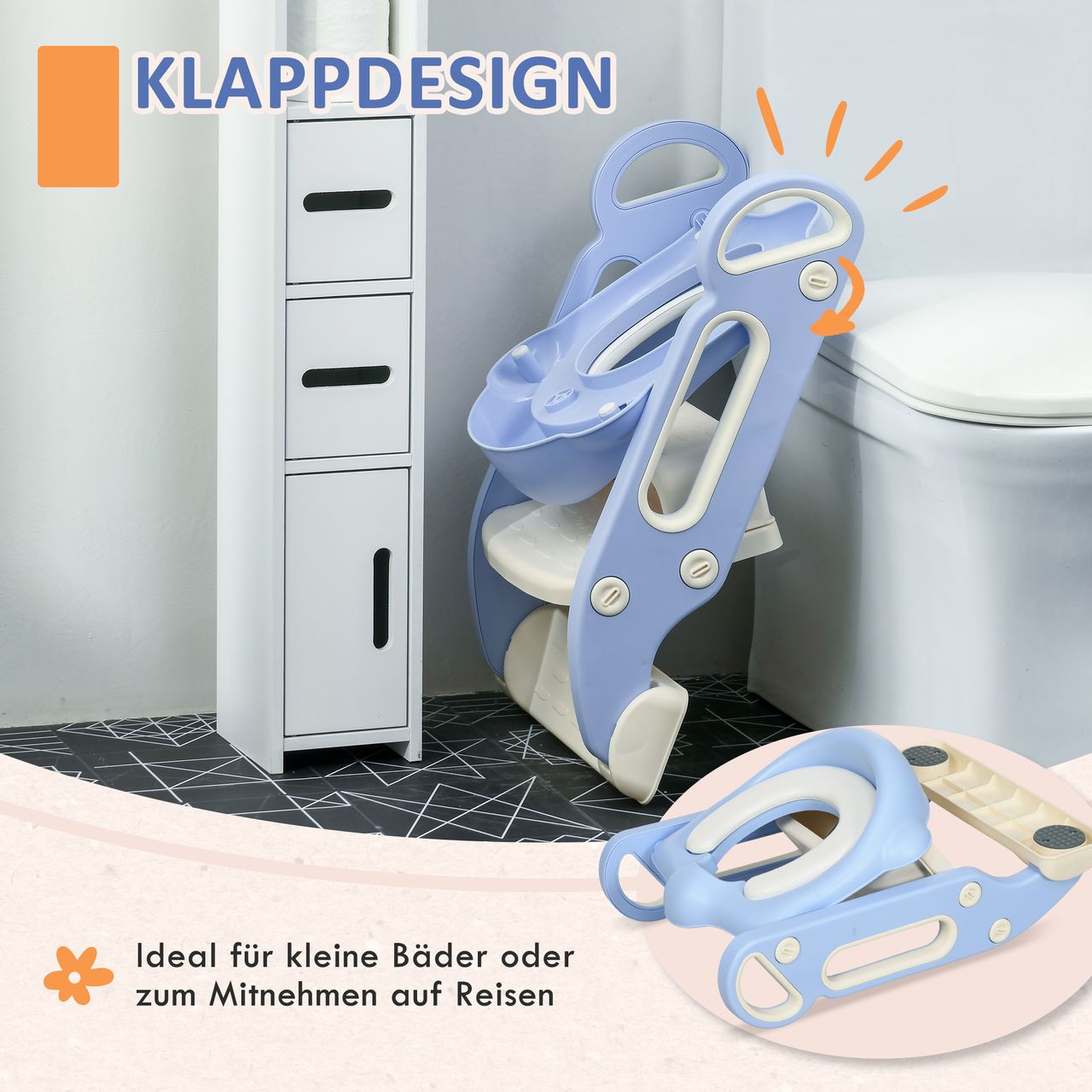 ZONEKIZ Kinder Toilettensitz, klappbarer Toilettentrainer mit Treppe, Griff Blau