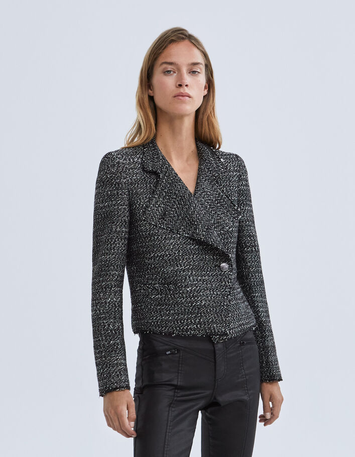 Veste noire esprit motard effet tweed Femme