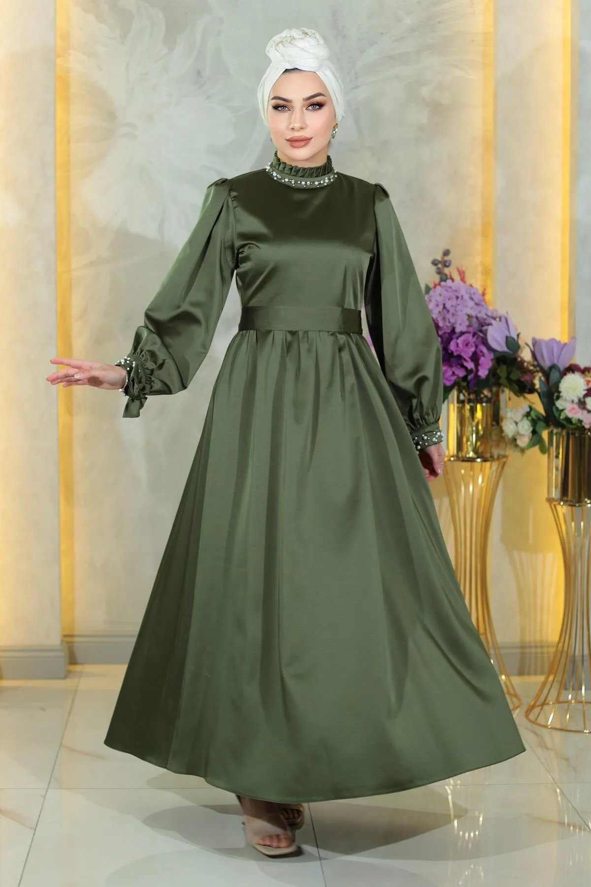 Modamihram  Abendkleid aus Perlensatin in Khaki 19121