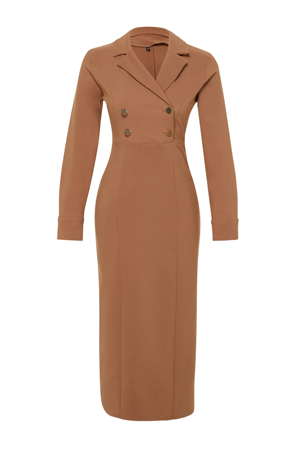 Trendyol Modest  Kamelfarbenes gewebtes Kleid mit zweireihigem Kragen und Knopfdetail TCTSS24EB00020