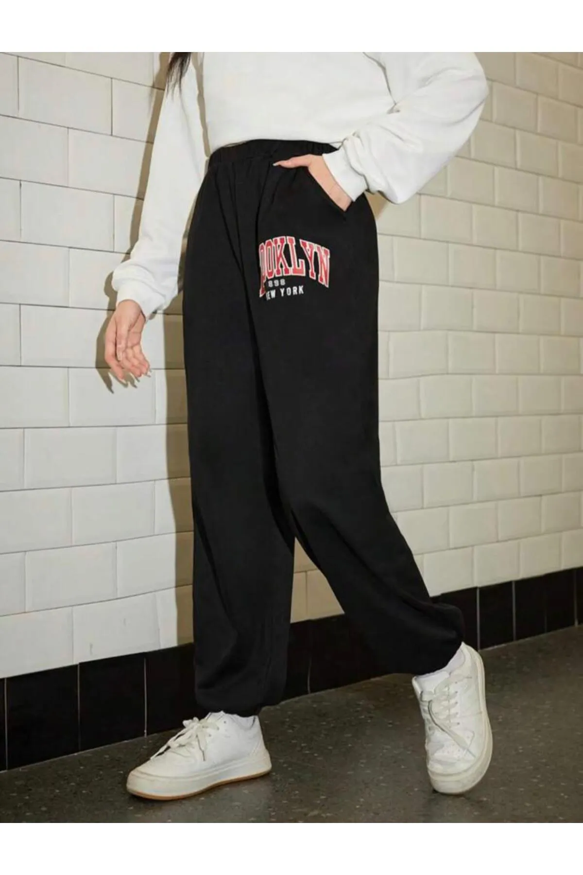 My Blog  Schwarze Brookyln-bedruckte Damen-Jogginghose mit elastischem Bund und Beinen