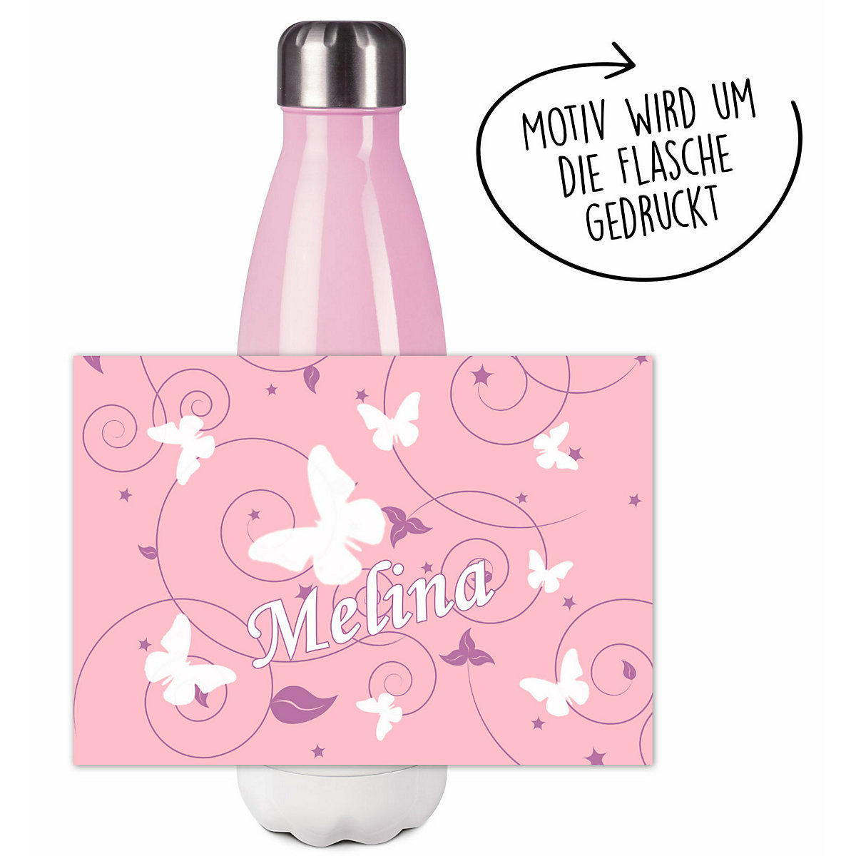 Edelstahl Kinder Thermoflasche / Trinkflasche bunt Schmetterling Ornamente Farbe rosa lila Spülmaschinenfest, Auslaufsicher, Bruchfest, Doppelwandig, Für Heißgetränke geeignet, Mit Deckel, Isolier