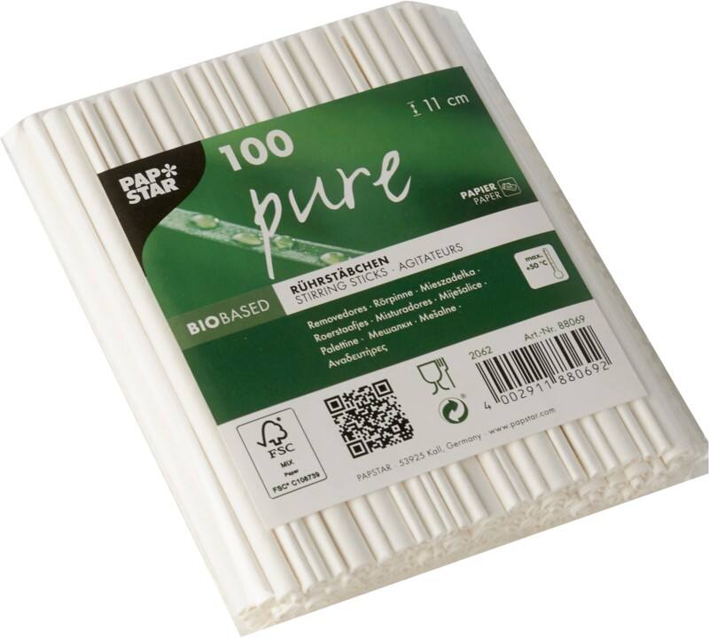 Papstar Rührstäbchen Pure Papier 110 mm Weiß