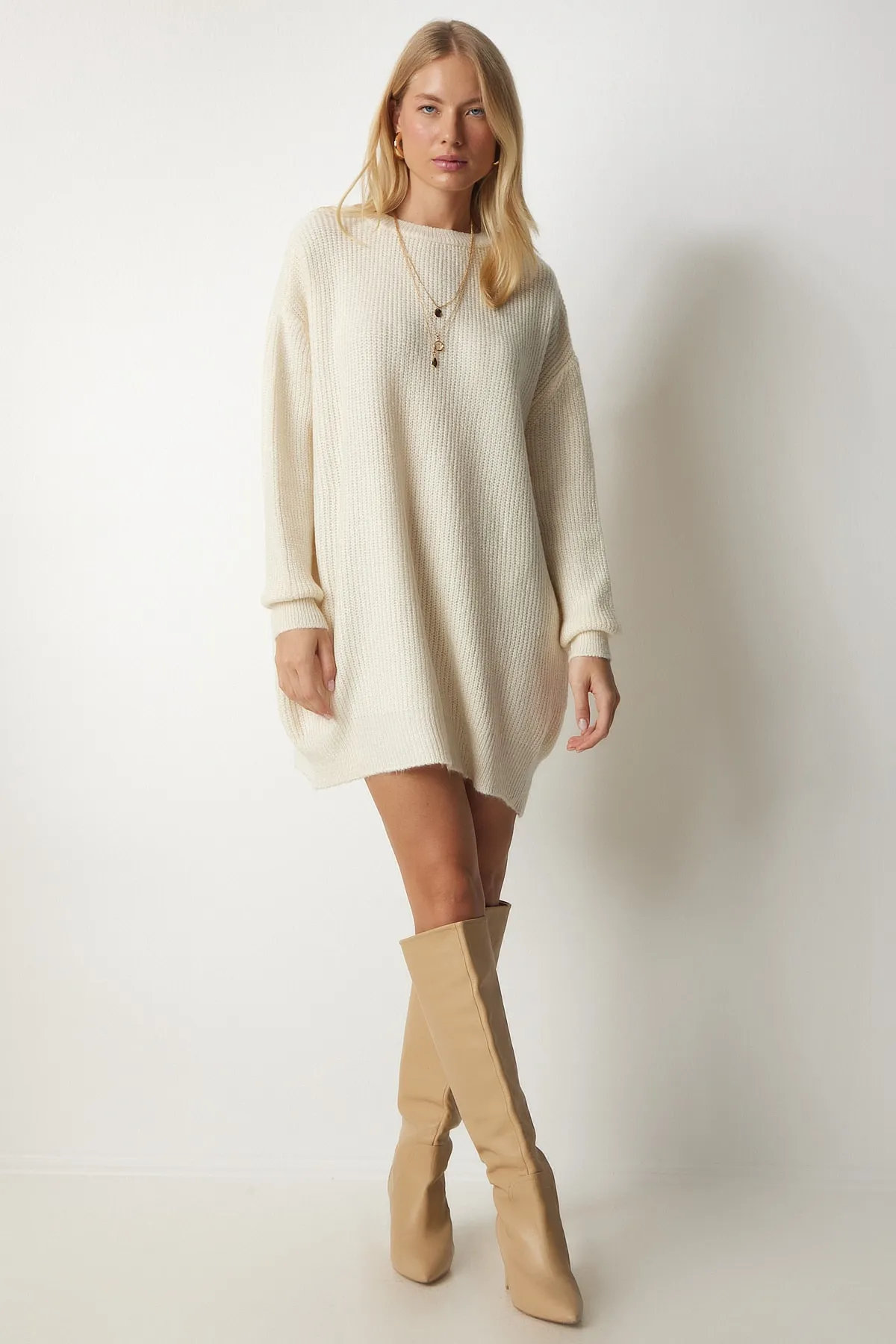 Happiness İstanbul  Damen Bone Oversize Langes Basic Strick-Sweatshirt BV00099
