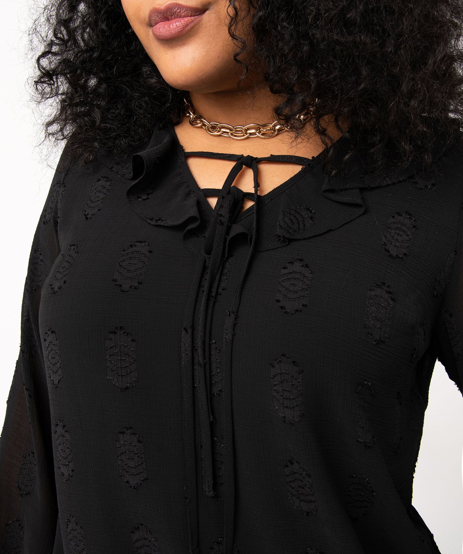 Blouse à manches longues avec col à volant femme grande ta... noir | GEMO
