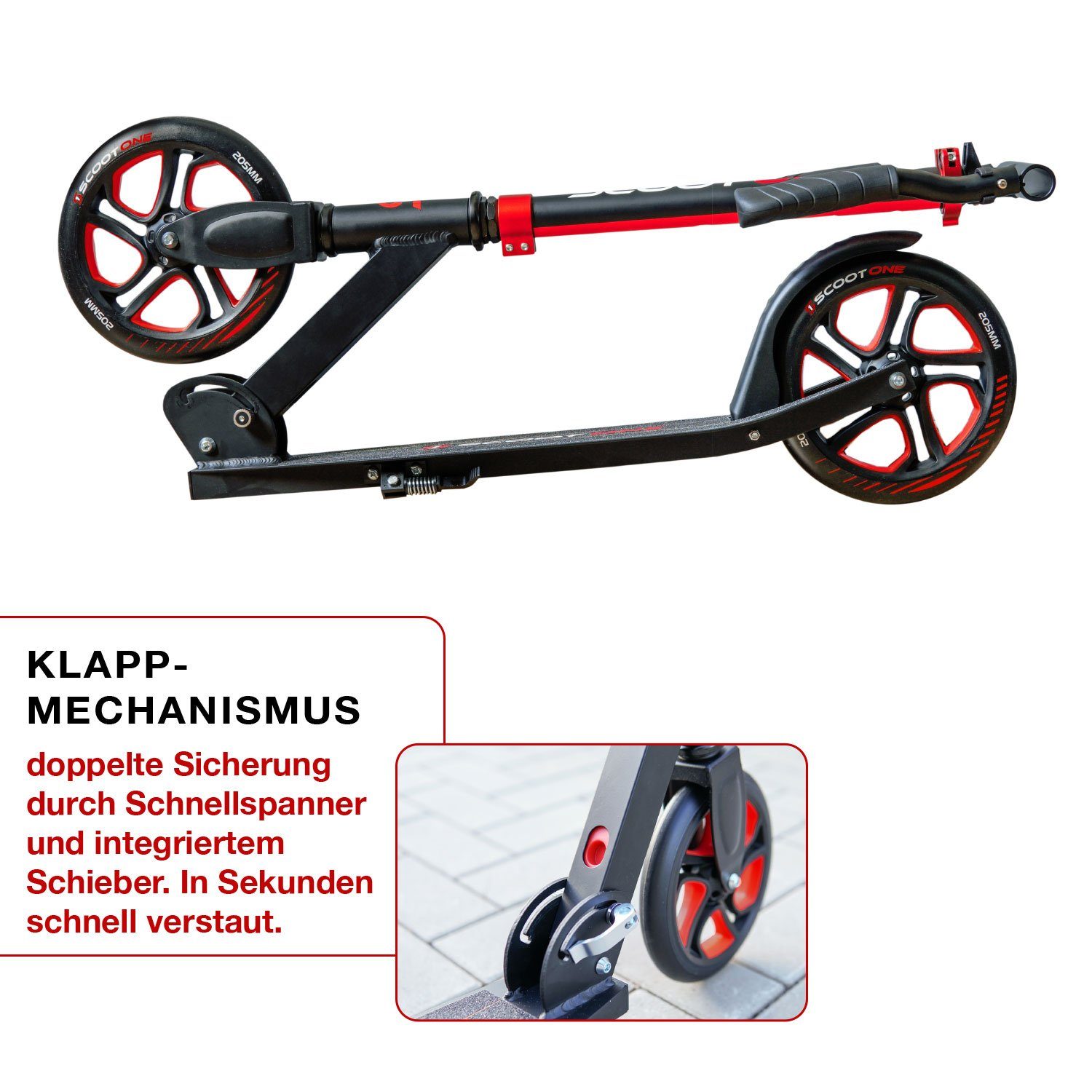 Scoot One Cityroller Höhenverstellbarer Tretroller S2, Kickroller 205mm – Aluminium Roller, klappbar