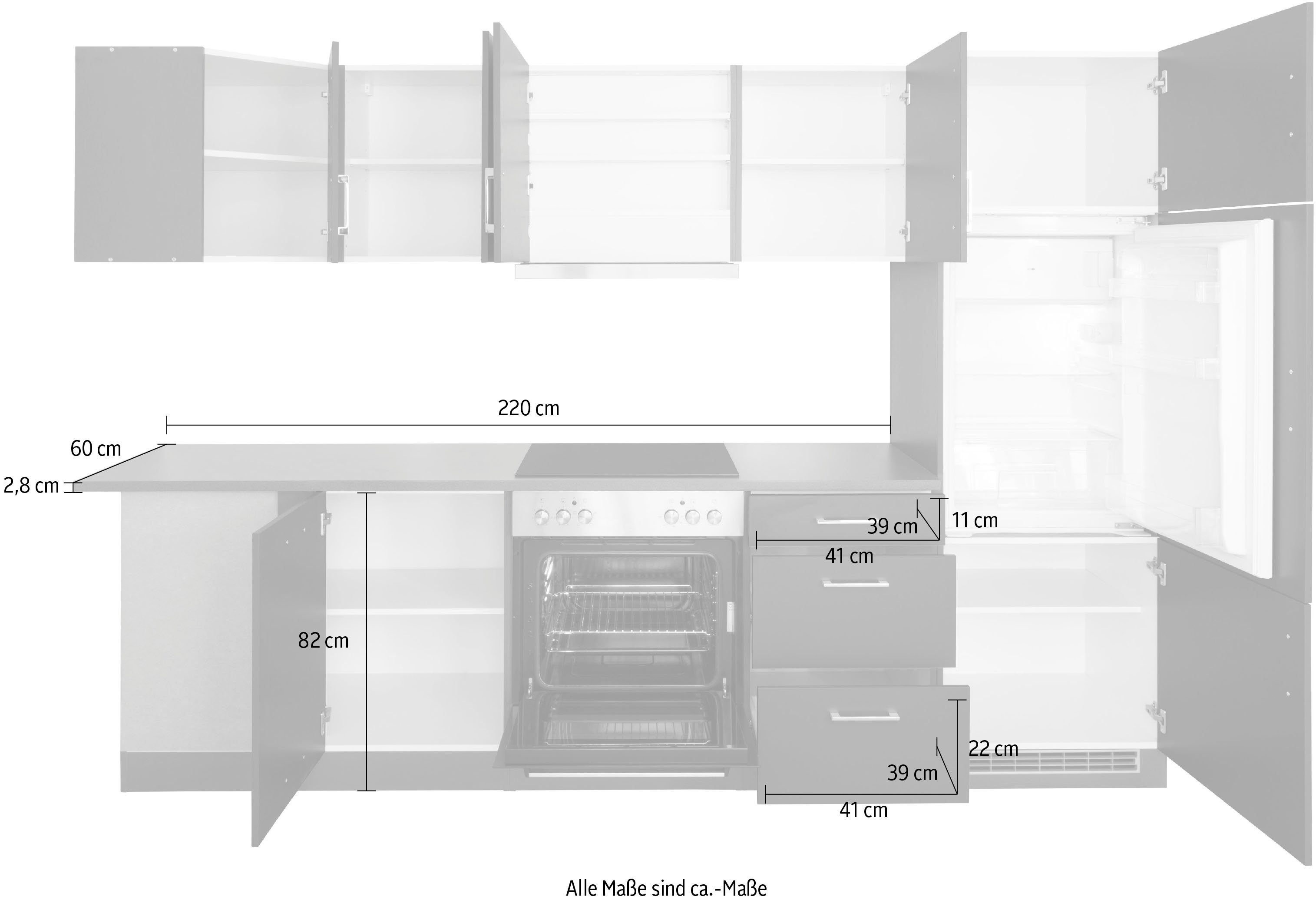 HELD MÖBEL Winkelküche Paris, mit E-Geräten, Stellbreite 220/280 cm