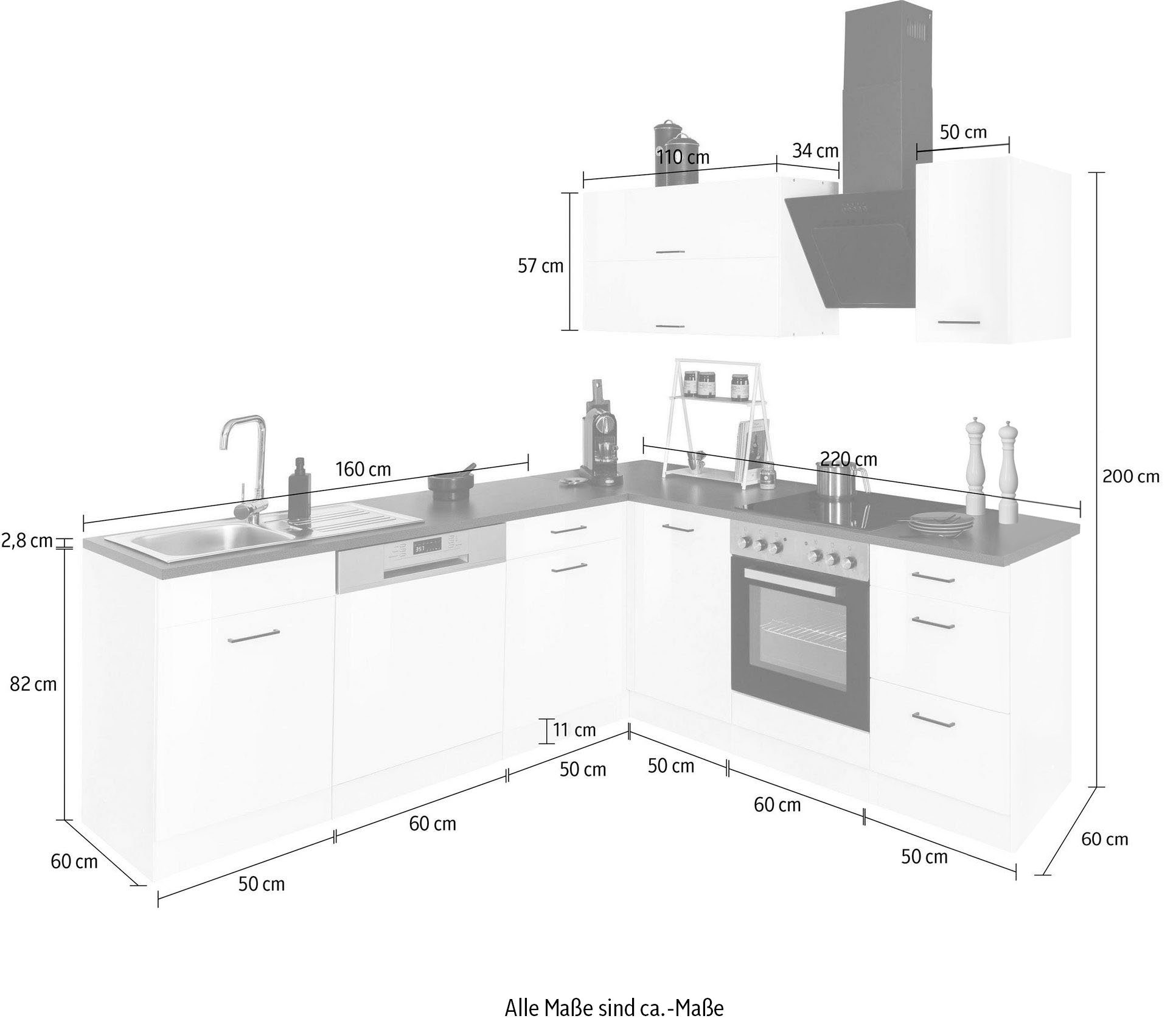 HELD MÖBEL Winkelküche Trier, mit E-Geräten, Stellbreite 220/220 cm