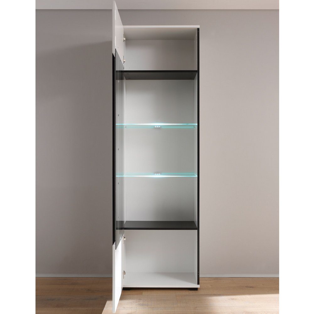 Lomadox Wohnwand COLORADO-61, (4-St., 4-tlg), weiß Hochglanz mit Vitrine inkl. LED Tür mit Grauglas 225x200x42cm