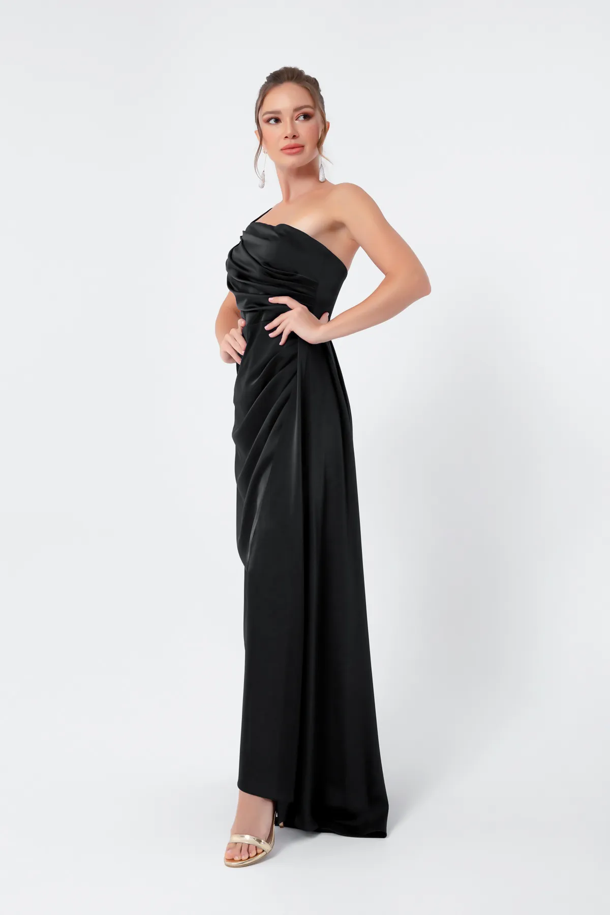 Lafaba  Schwarzes One-Shoulder-Satin-Abend- und Abschlusskleid für Damen