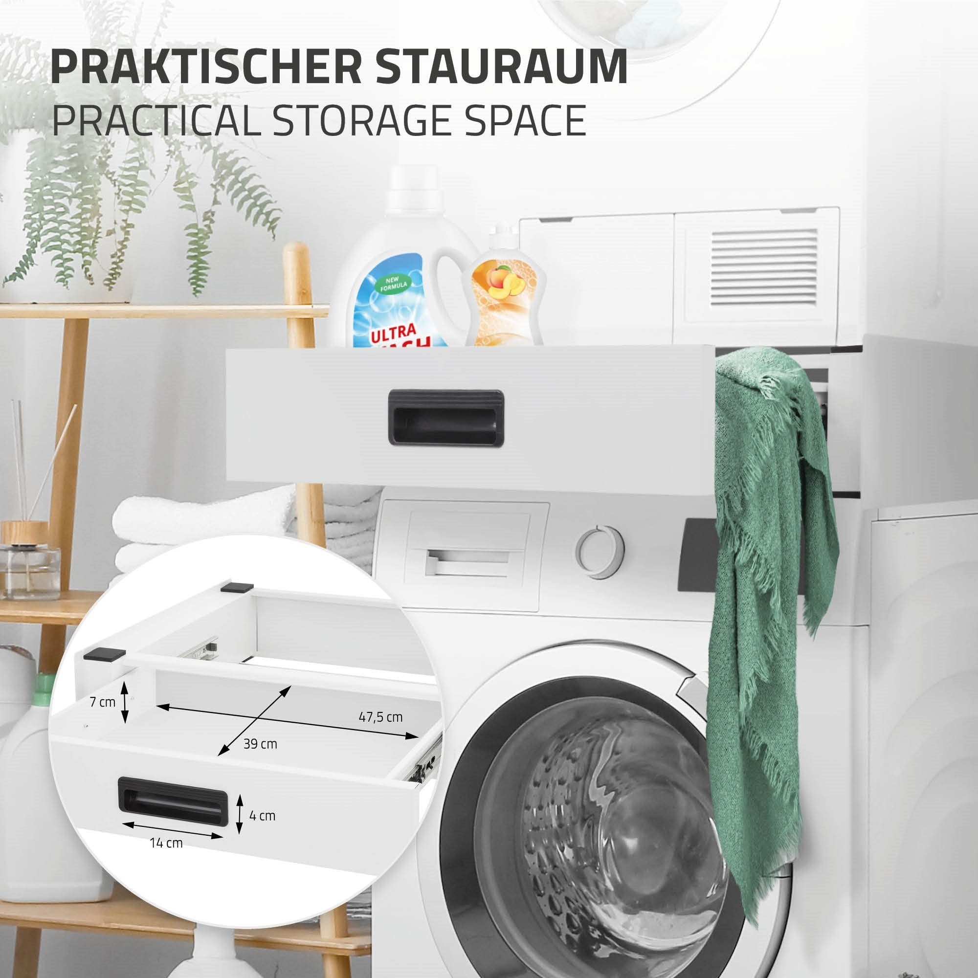 ML-DESIGN Waschmaschinenuntergestell Verbindungsrahmen Waschmaschine und Trockner Zwischenbausatz, Schublade Stahl 60x55cm Weiß rutschfest Universal