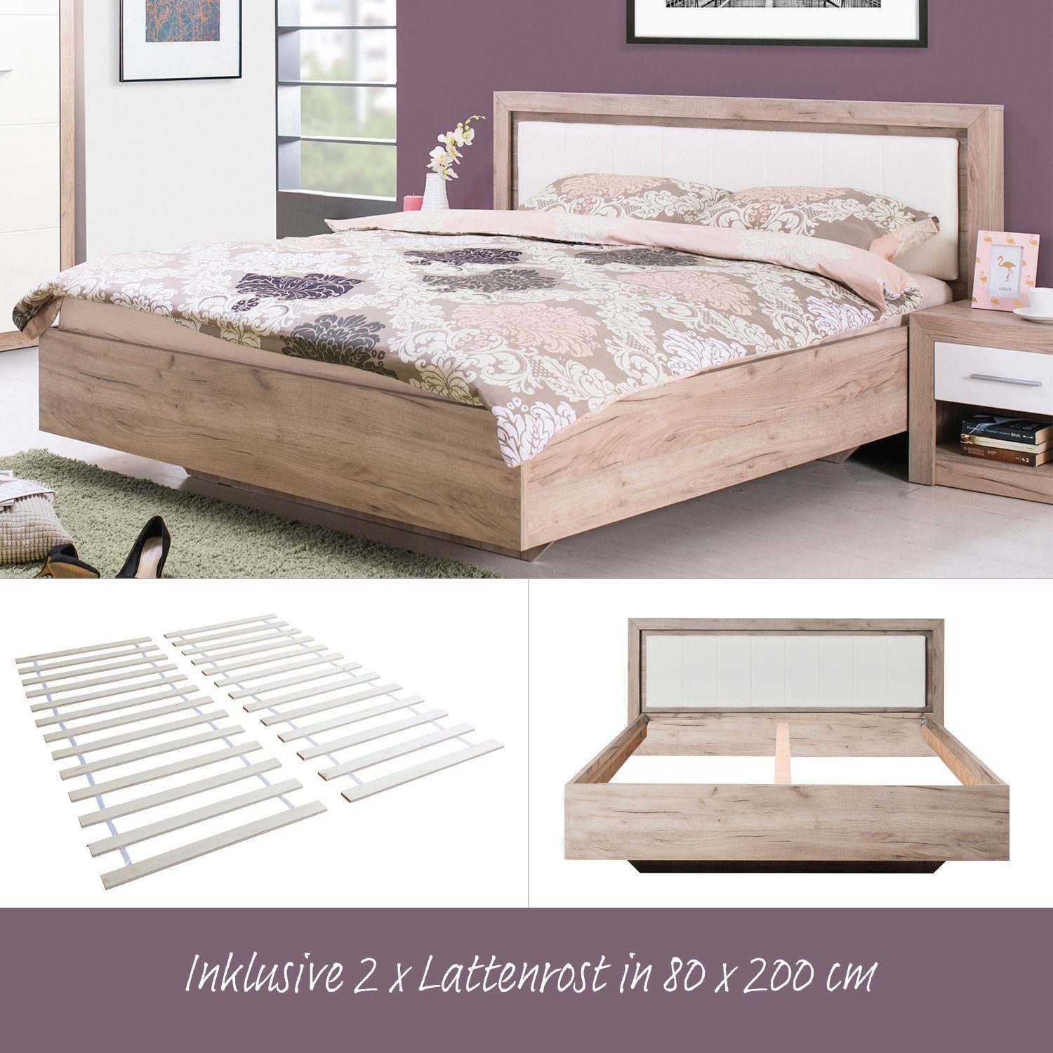 Homestyle4u Holzbett Doppelbett 160x200 cm Lattenrost Kunstleder Weiß