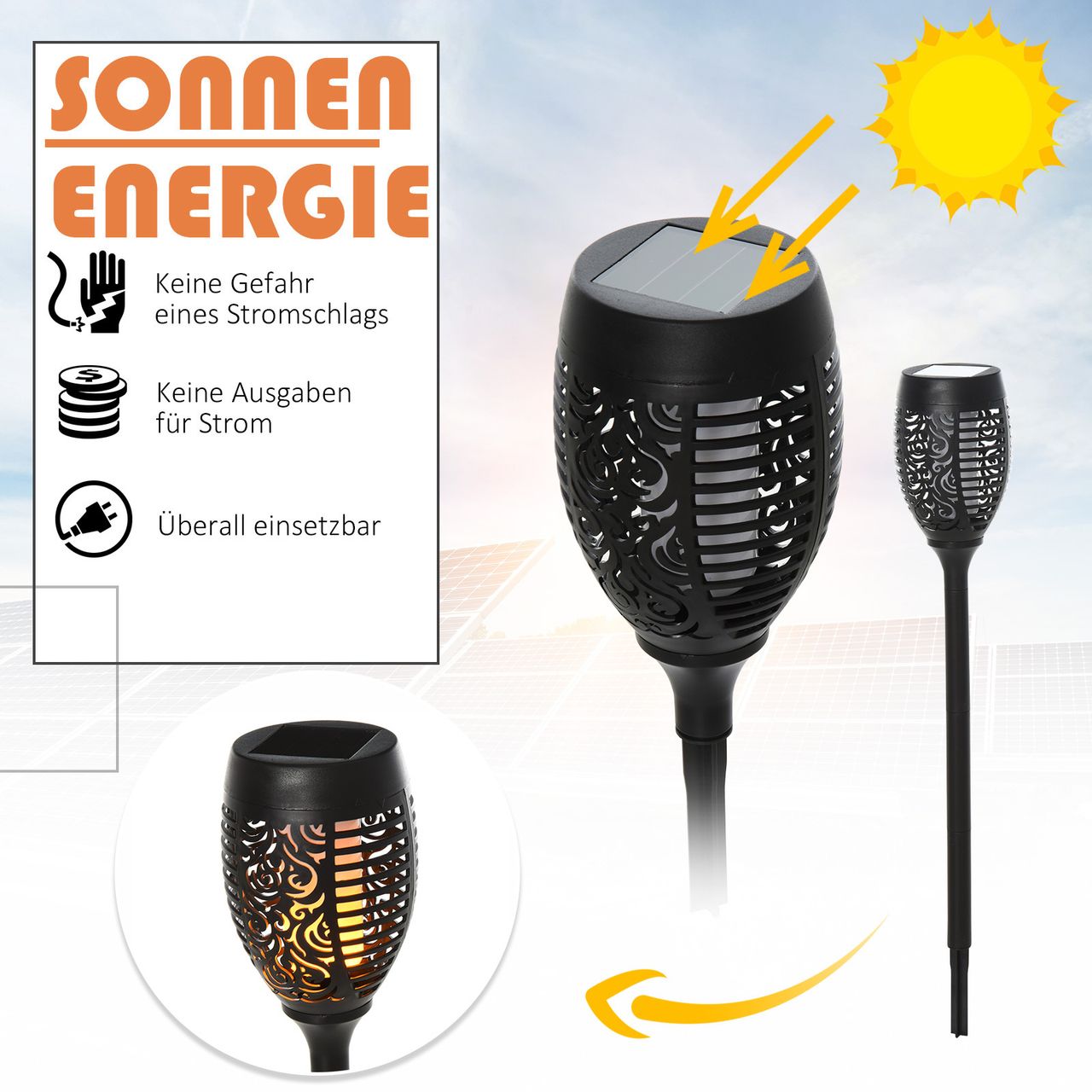 Outsunny Solarleuchte Gartenlicht 4er-Set Lampe 6–8 h IP44 Wasserfest Kunststoff Schwarz Ø12 x H78 cm