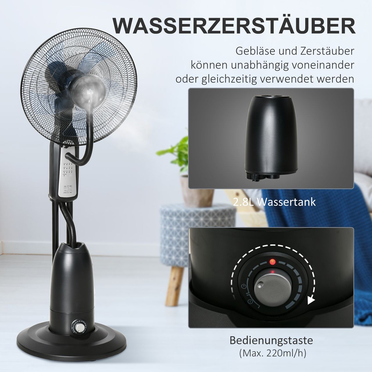 HOMCOM Standventilator mit 2,8 Liter Wasserzerstäuber Lüfter Nebelfunktion