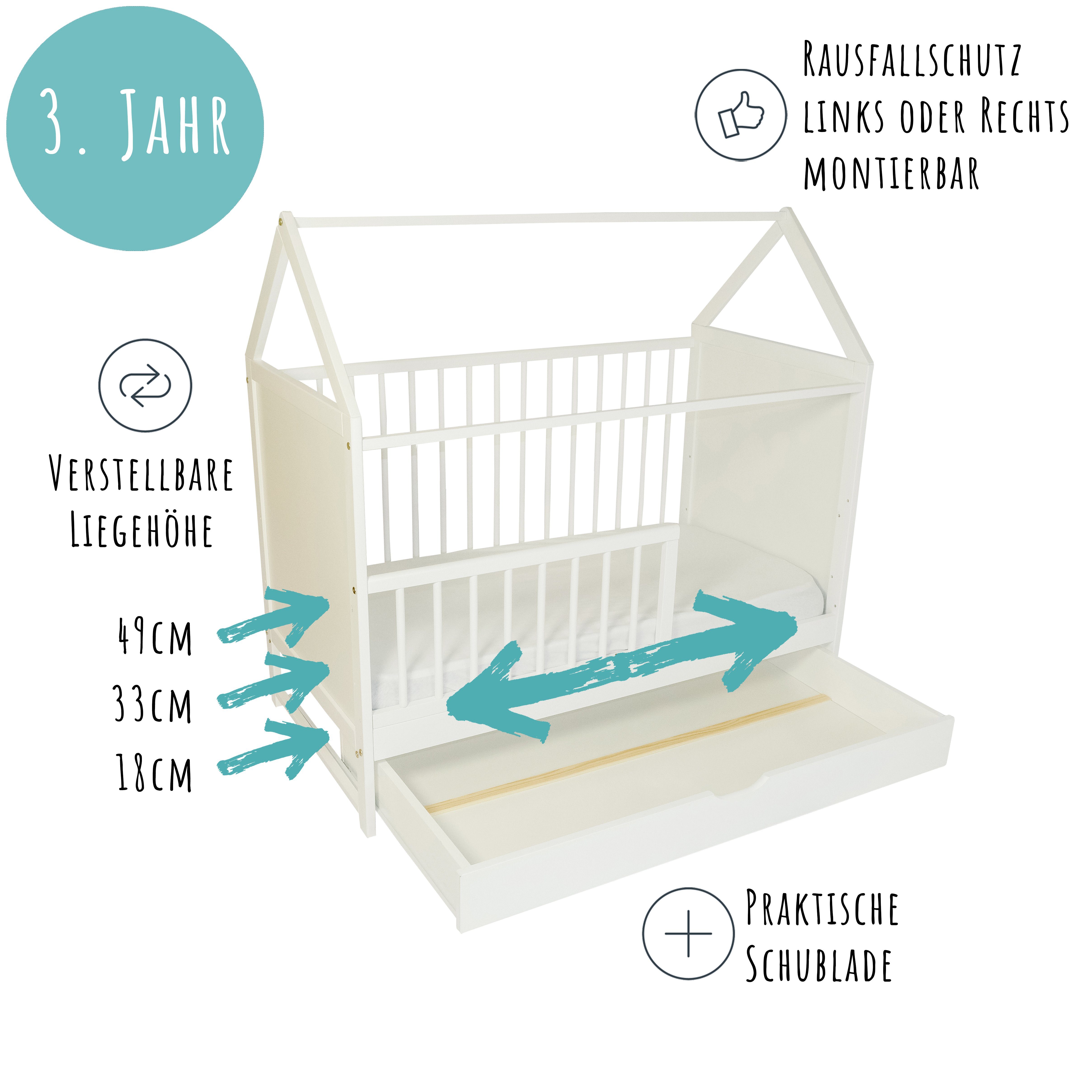 Kids Collective Babybett 60x120 cm Beistellbett Kinderbett und Hausbett, mit Schublade, vielfältig umbaubar zu Juniorbett, Kiefernholz, optional mit Matratze