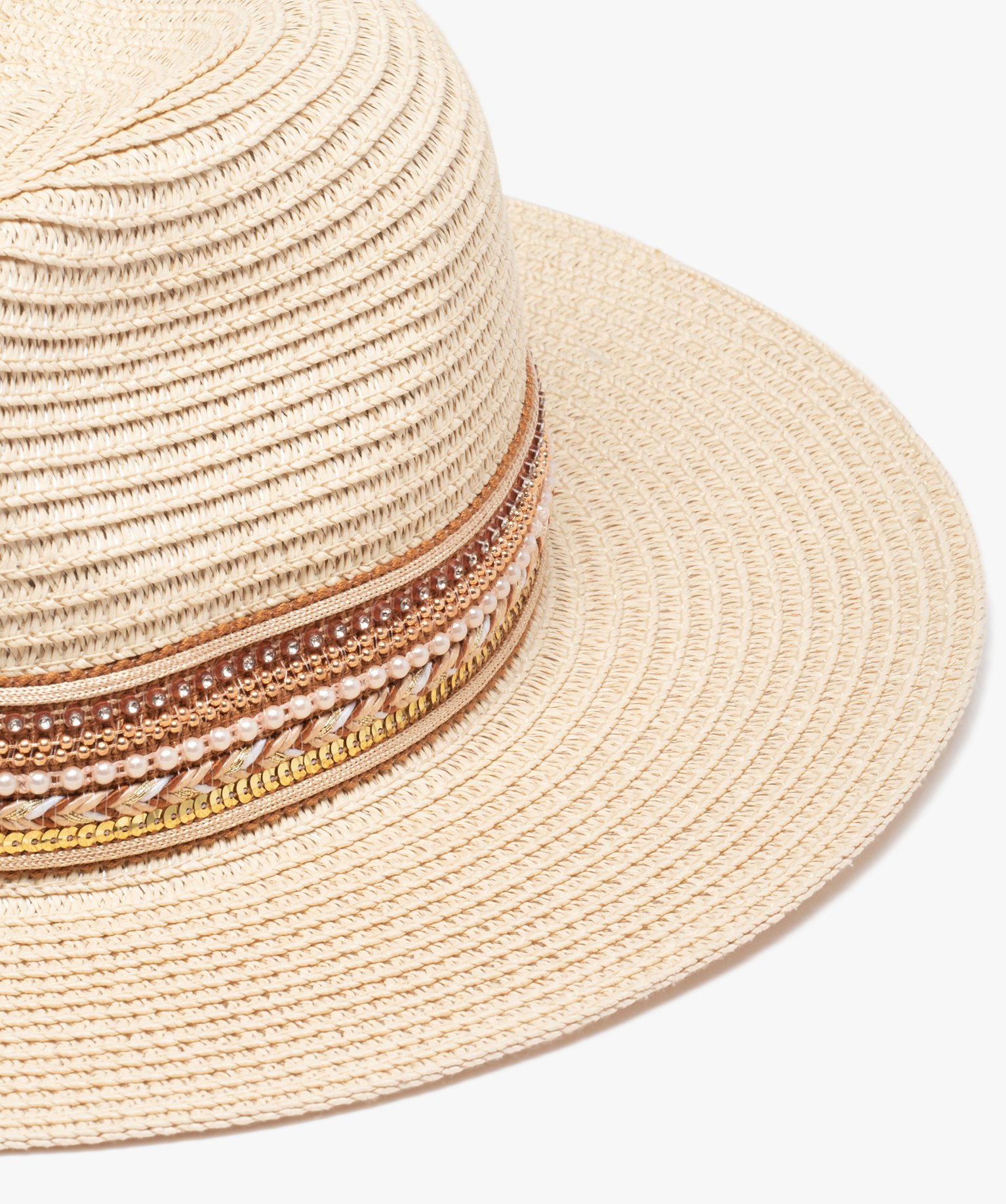 Chapeau de paille femme à bord large et galon brillant beige | GEMO