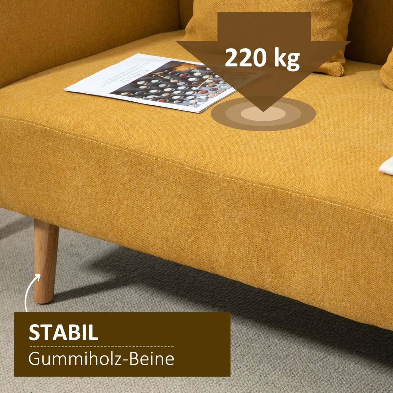 HOMCOM Doppelsofa Polsterung mit Kissen Stoff Loveseat kompaktes Design Moderne Zweisitzer einstellbare Höhe der Fußrasten samtartiges Polyester Gummiholz Schaumstoff Natur Gelb 130 x 70 x 80 cm