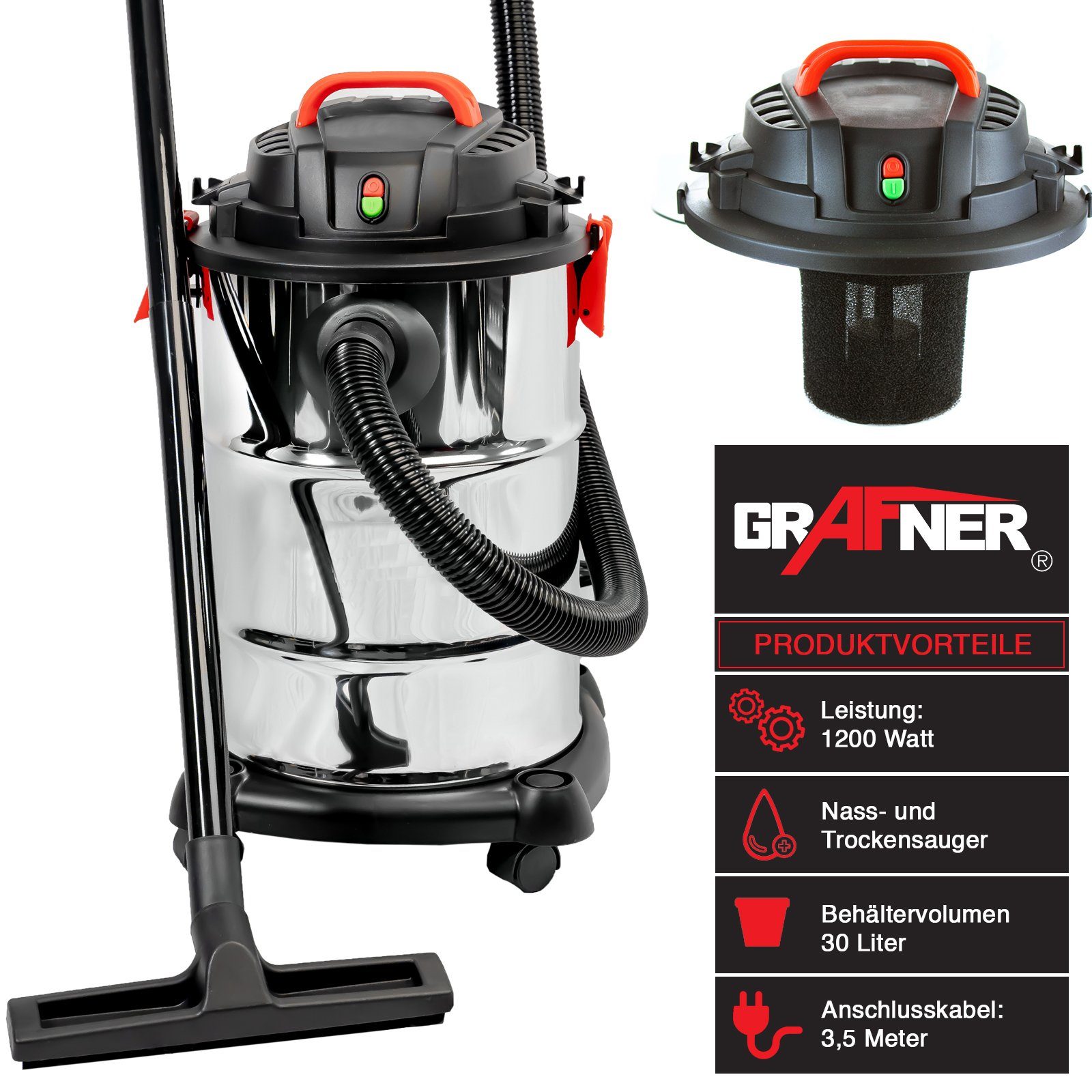 Grafner Nass-Trocken-Sauger Grafner® Nass- und Trockensauger Industriesauger 1200W 30L, beutellos, umfangreiches Zubehör