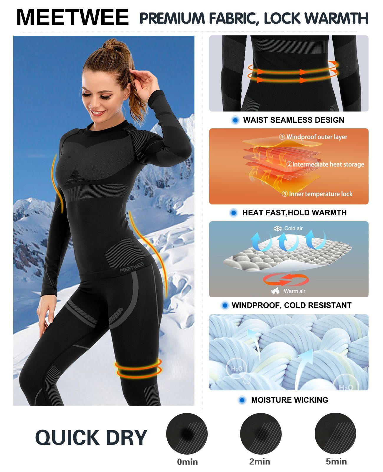 MEETYOO Thermounterhemd Damen Thermounterwäsche Set (Funktionsunterwäsche Skiunterwäsche Set, Lange Unterhosen Kompressionsanzug) Skifahren Lange Thermohemd Unterhose