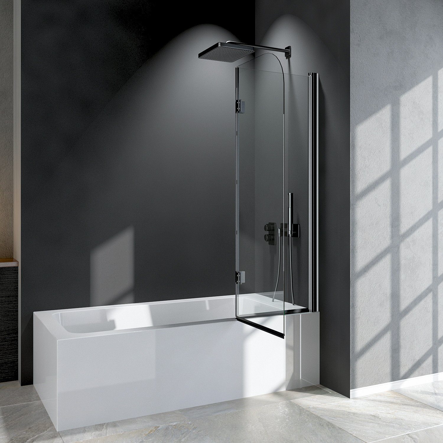 Boromal Badewannenaufsatz Duschwand Faltbar für Badewanne 120cm Schwarz 2-tlg mit 6mm ESG, Einscheibensicherheitsglas, Sicherheitsglas nach EN 12150, Wasserabweisende Nanobeschichtung