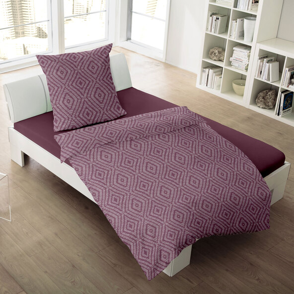 Bettwäsche Jacquard-Feinbiber, 155/220 + 80/80 cm, Raute bordeaux