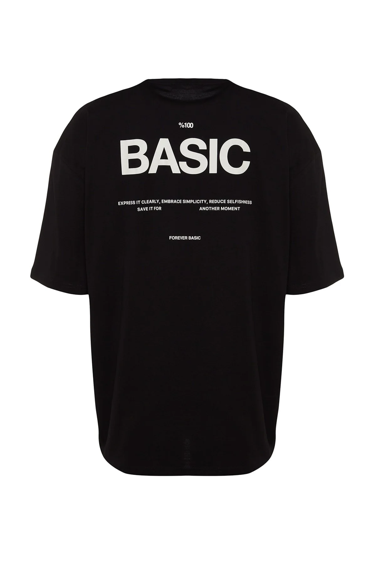 Trendyol Collection  Schwarzes, übergroßes/weit geschnittenes, kurzärmliges T-Shirt aus 100 % Baumwolle mit Textdruck TMNSS23TS00263