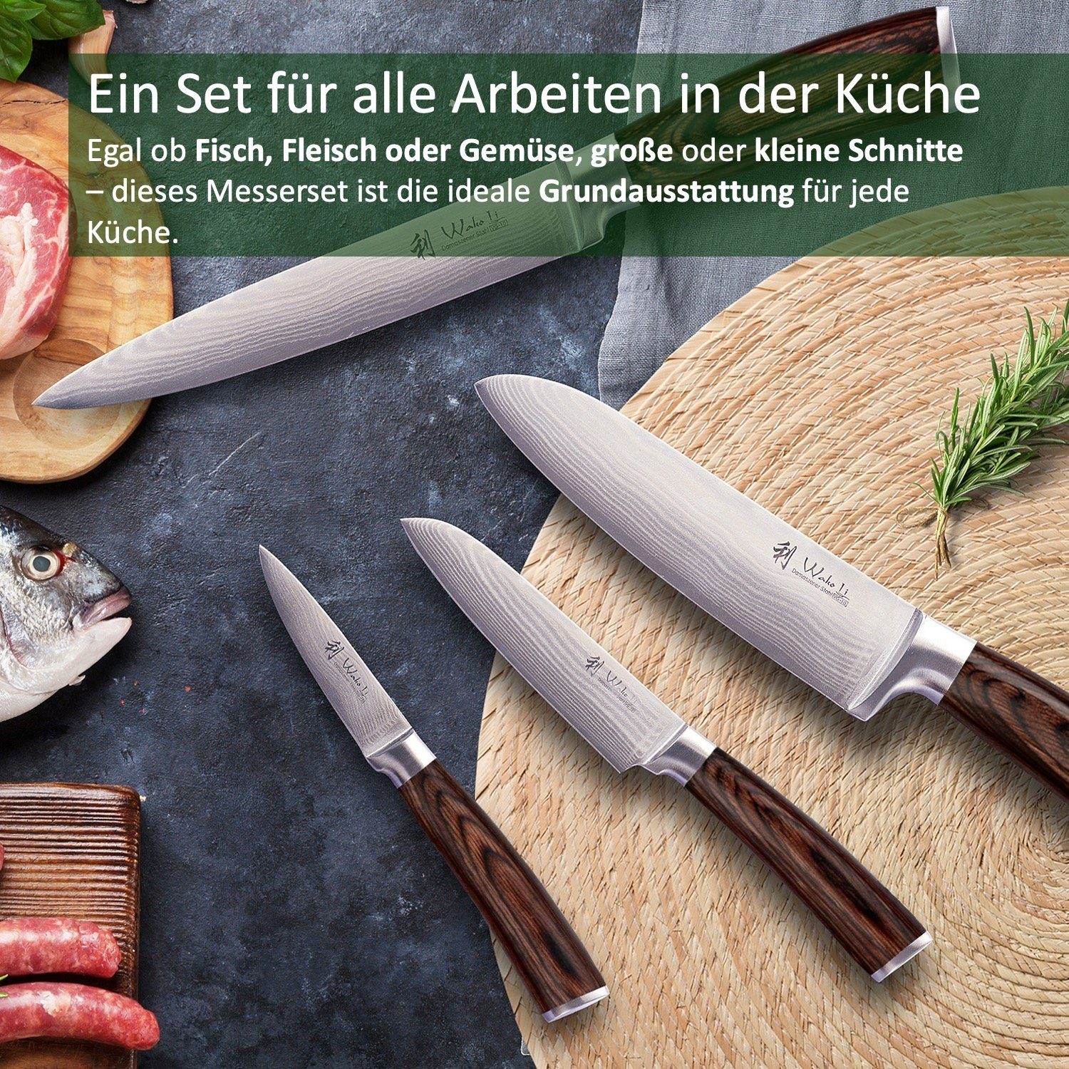 Wakoli Messer-Set Edib 4er Damastmesserset I 8 - 18cm Klinge I Pakkaholzgriff