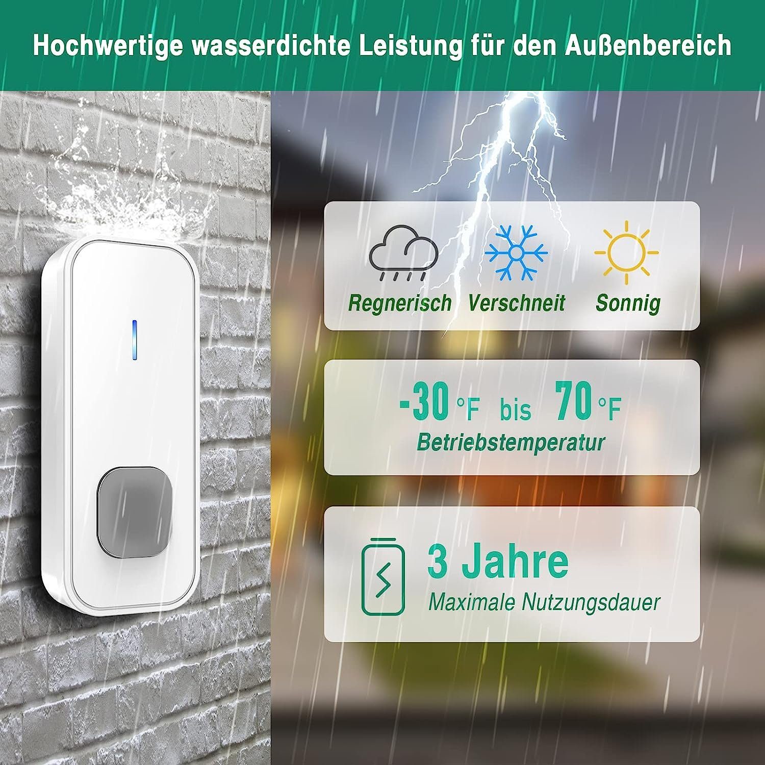 Yaviel Türklingel-Set Funkklingel Kabellose Türklingel Wasserdicht Klingel Haustür 2 Sender, Wireless Boorbell Haustürklingel 400m 110dB Batteriebetrieben Haus