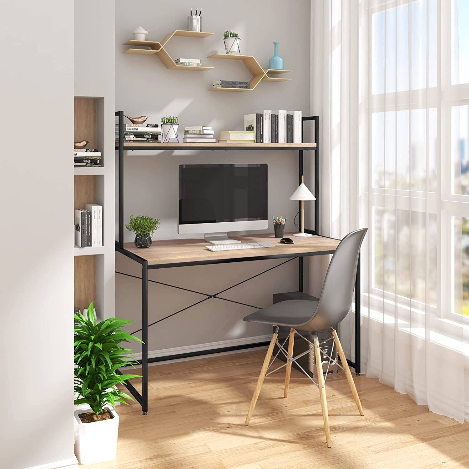 Woltu Computertisch (1-St), Schreibtisch mit 2 Ablage, aus Holz und Stahl