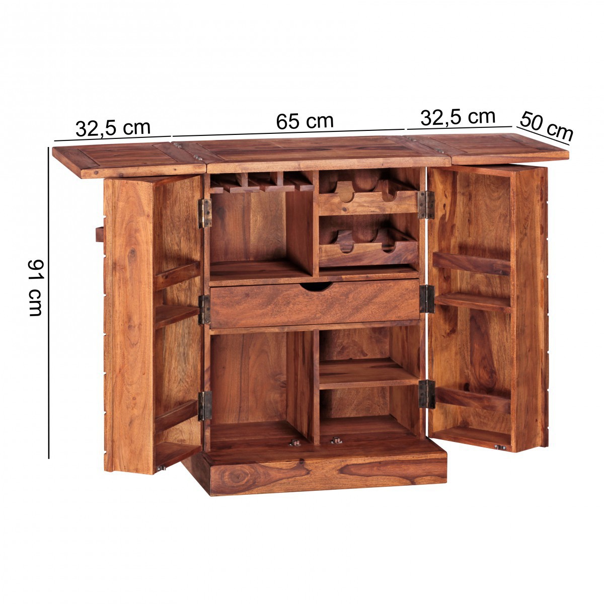 Wohnling Hausbar Massivholz Sheesham Weinbar ausklappbar Vitrine Landhausstil Barschrank Aufbewahrung Flaschen Gläser