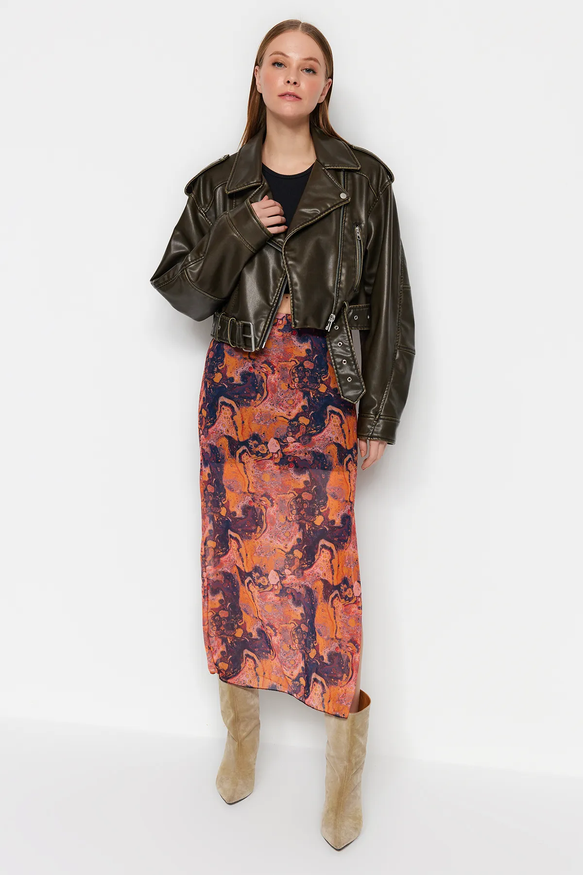 Trendyol Collection  Orange gemusterter Maxi-Tüllrock mit Spitzendetail und Stretch-Strick TWOSS23ET00369