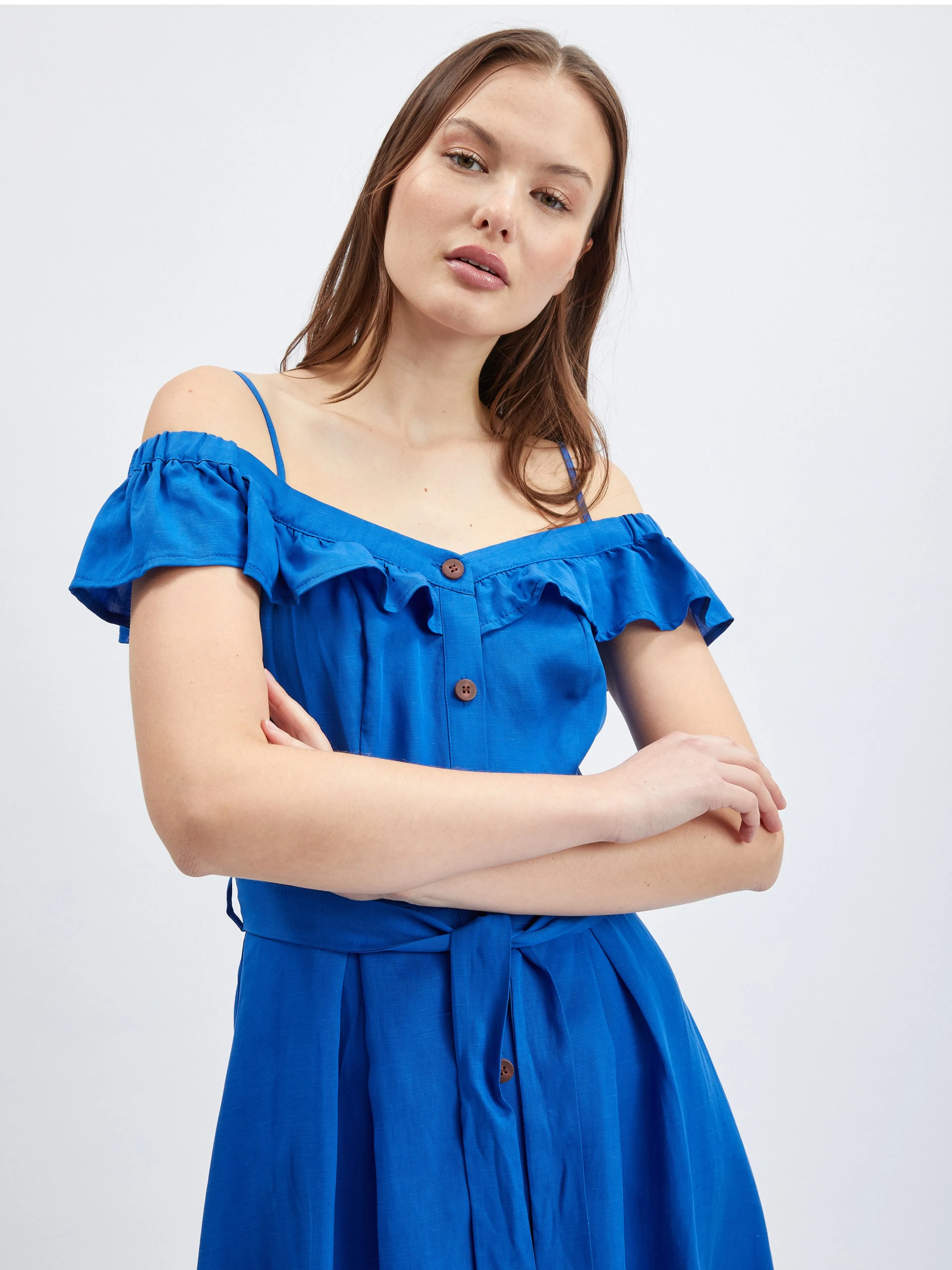 Blaues Damenkleid mit Leinen ORSAY