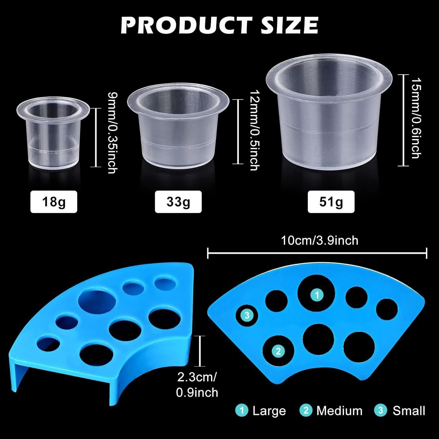 megadot Schmuck-Tattoo Tintenbecher für Tattoo Tinte Container Cap Tattoo Zubehör, 300-tlg., 300 Stück Tattoo Farbkappen Cups mit 2 Cups Halterungen