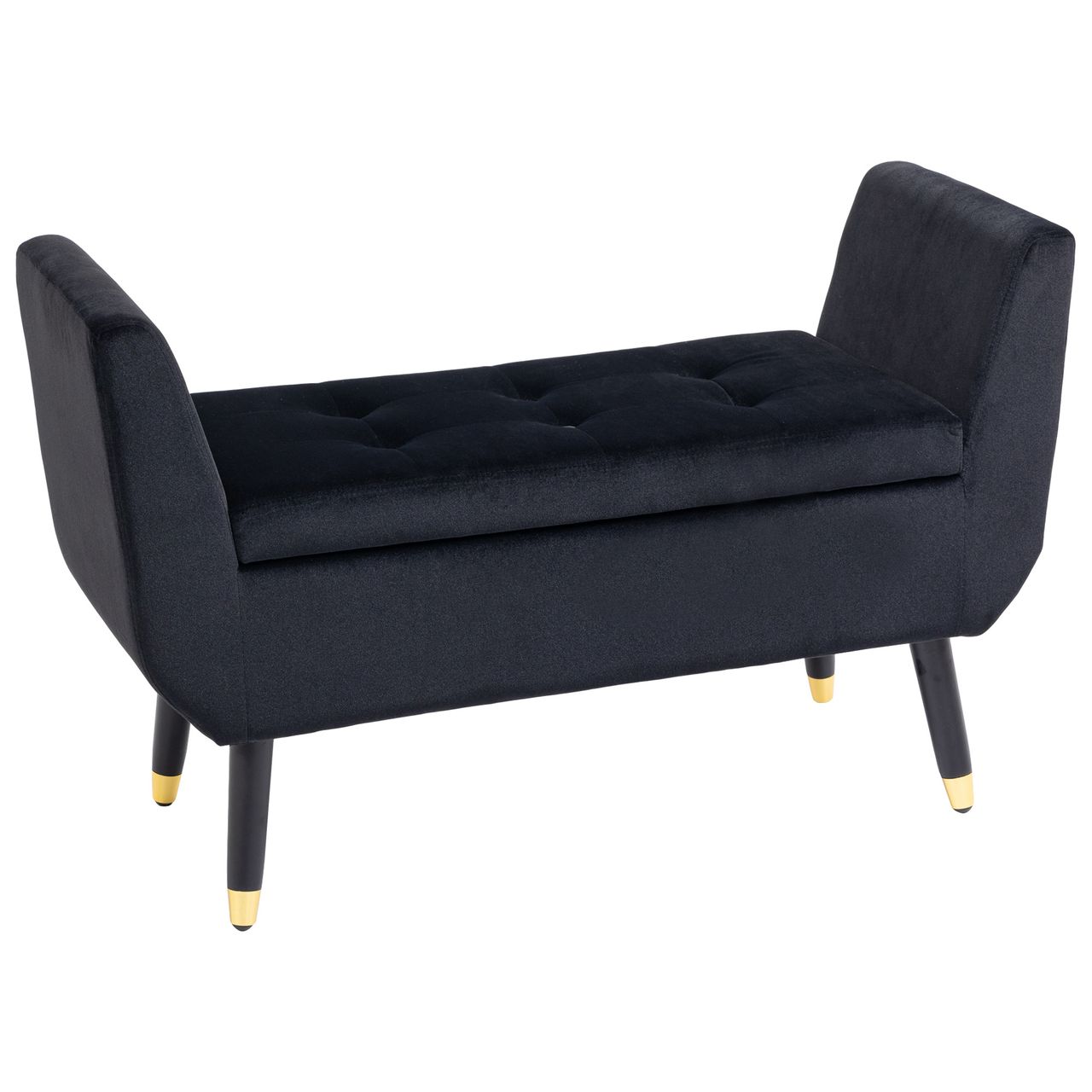 HOMCOM Luxus Sitzbank Polsterbank mit Stauraum Armlehnen Truhenbank Samtartiges Polyester Gummiholz Schwarz 107 x 42 x 65 cm