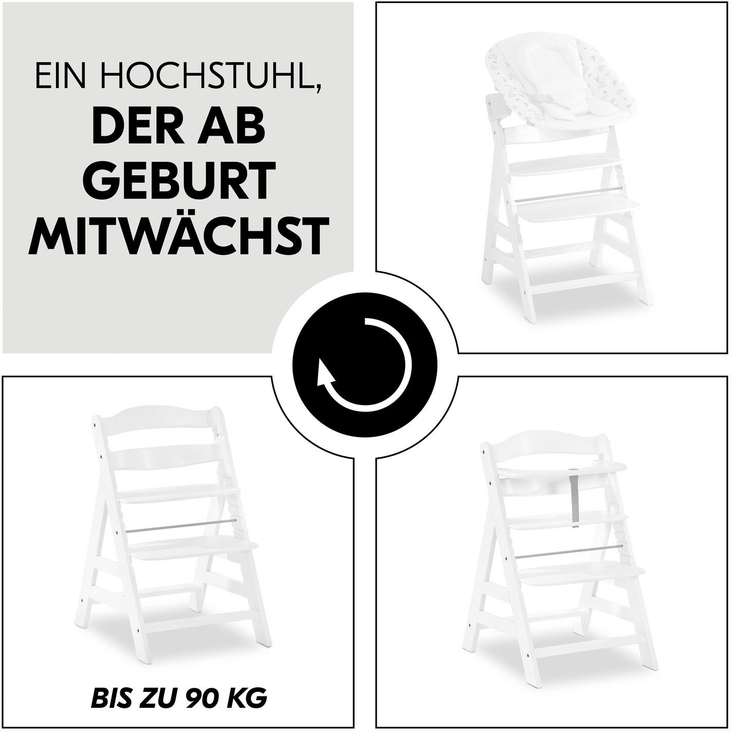 Hauck Hochstuhl Alpha+, weiß + Sitzauflage Rainbow (Set, 3 St)