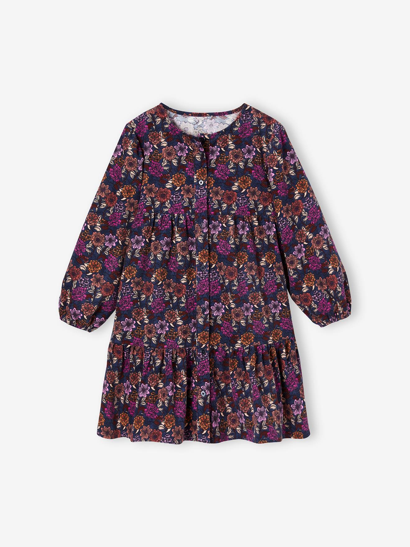 Robe à fleurs en velours fille bleu nuit