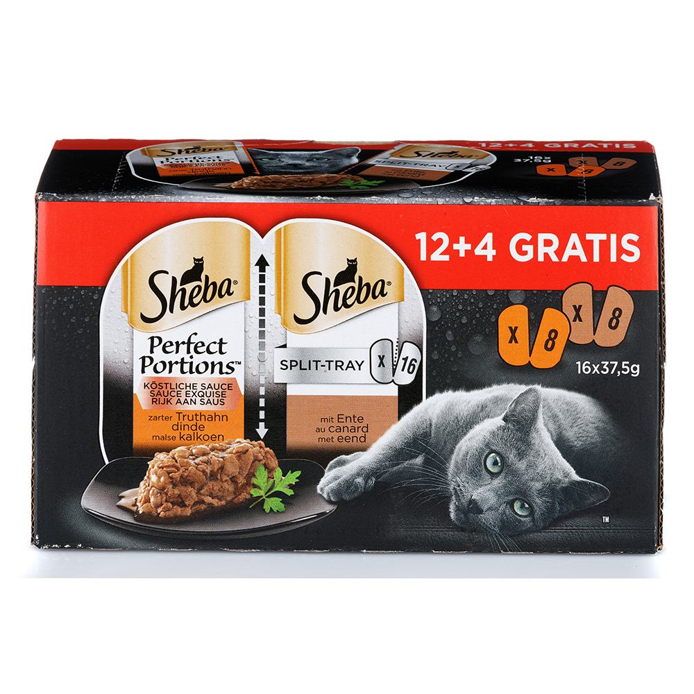 Sheba Perfect Portions Split-Tray Sauce mit Truthahn und mit Ente 12   4 Gratis, 600g