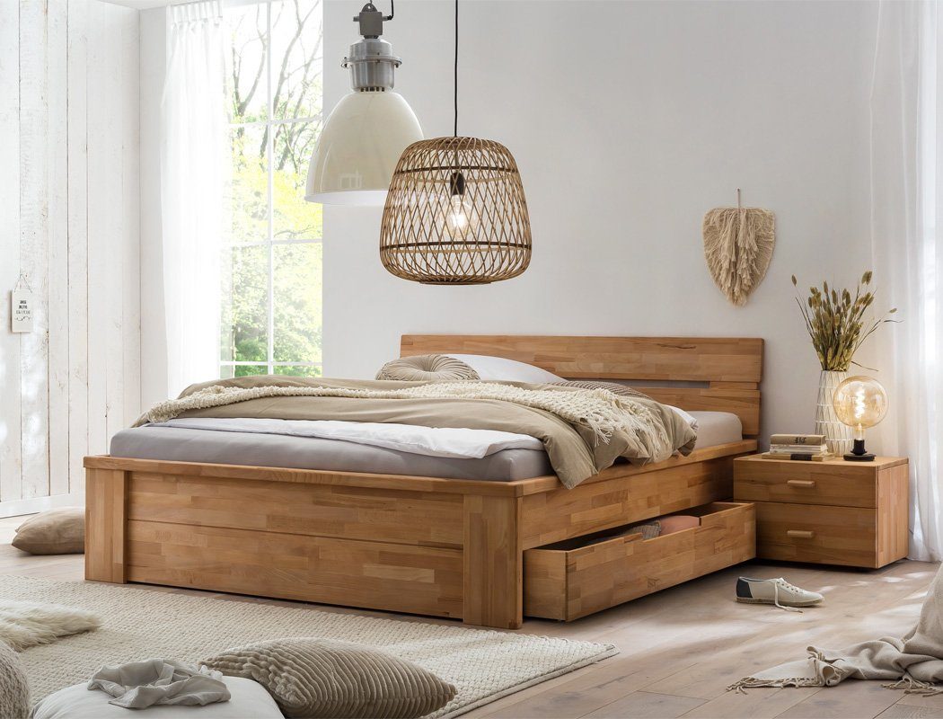 expendio Massivholzbett Cleo (Spar-Set, 3-tlg), Schubladenbett 200x200 Kernbuche mit 2 Schubladen inkl. 2x Nachttisch