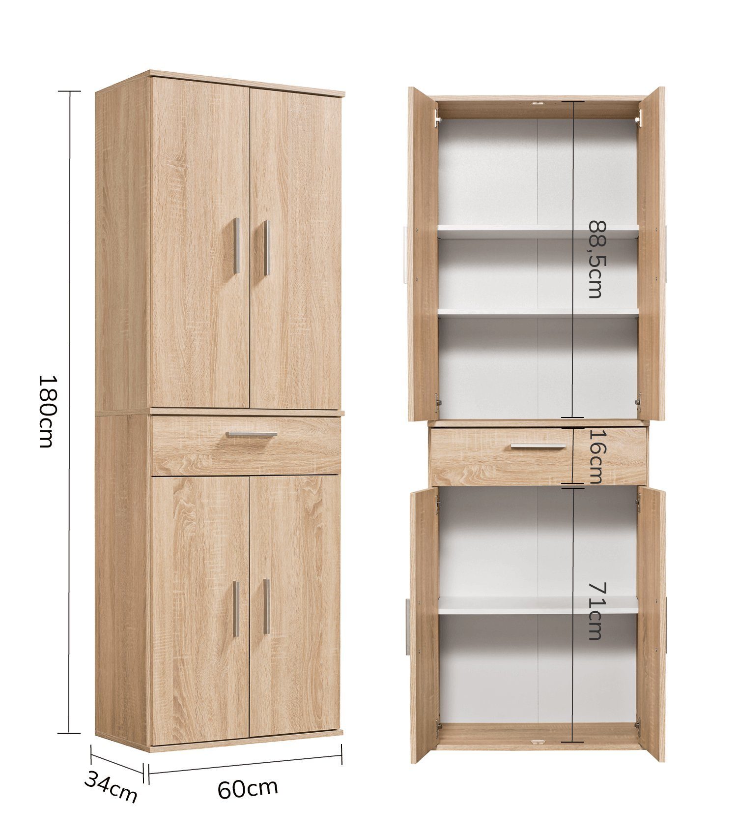 mokebo Mehrzweckschrank Der Praktische (180cm Höhe) Apothekerschrank, Vorratschrank, Schuhschrank, Küchenschrank Braun