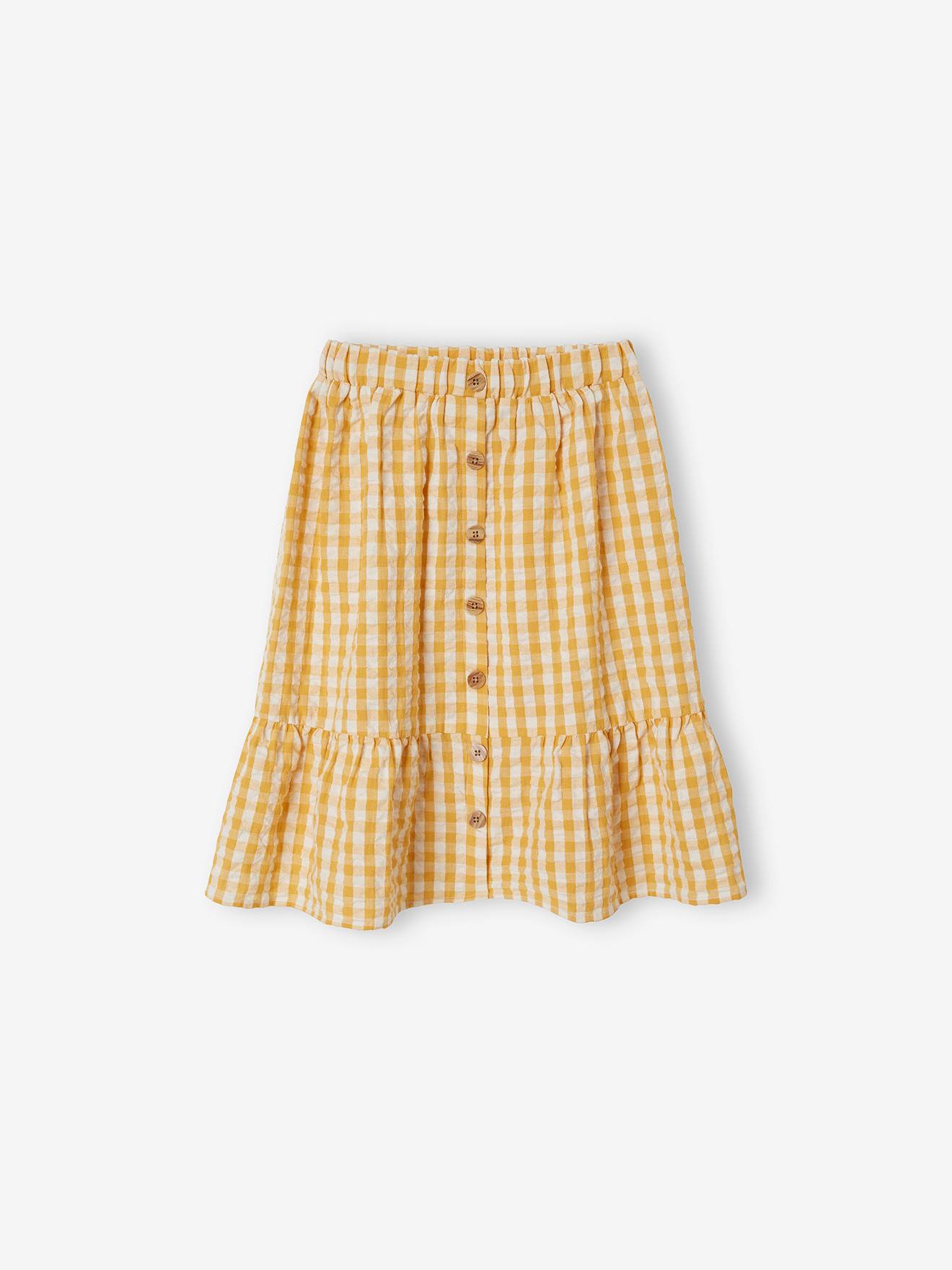 Jupe mi-longue à carreaux vichy fille carreaux jaune d'or
