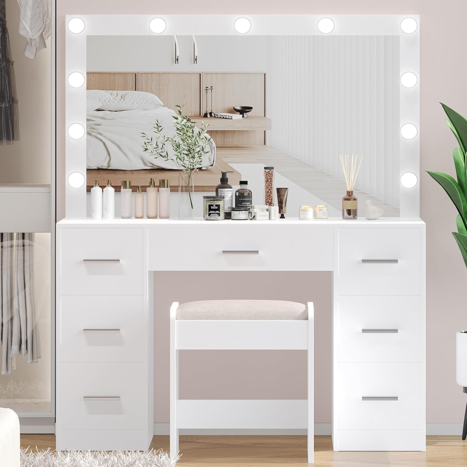 Dressing table with stool, dressing table with illuminated mirror, 3 color lighting modes, adjustable brightness, dressing table