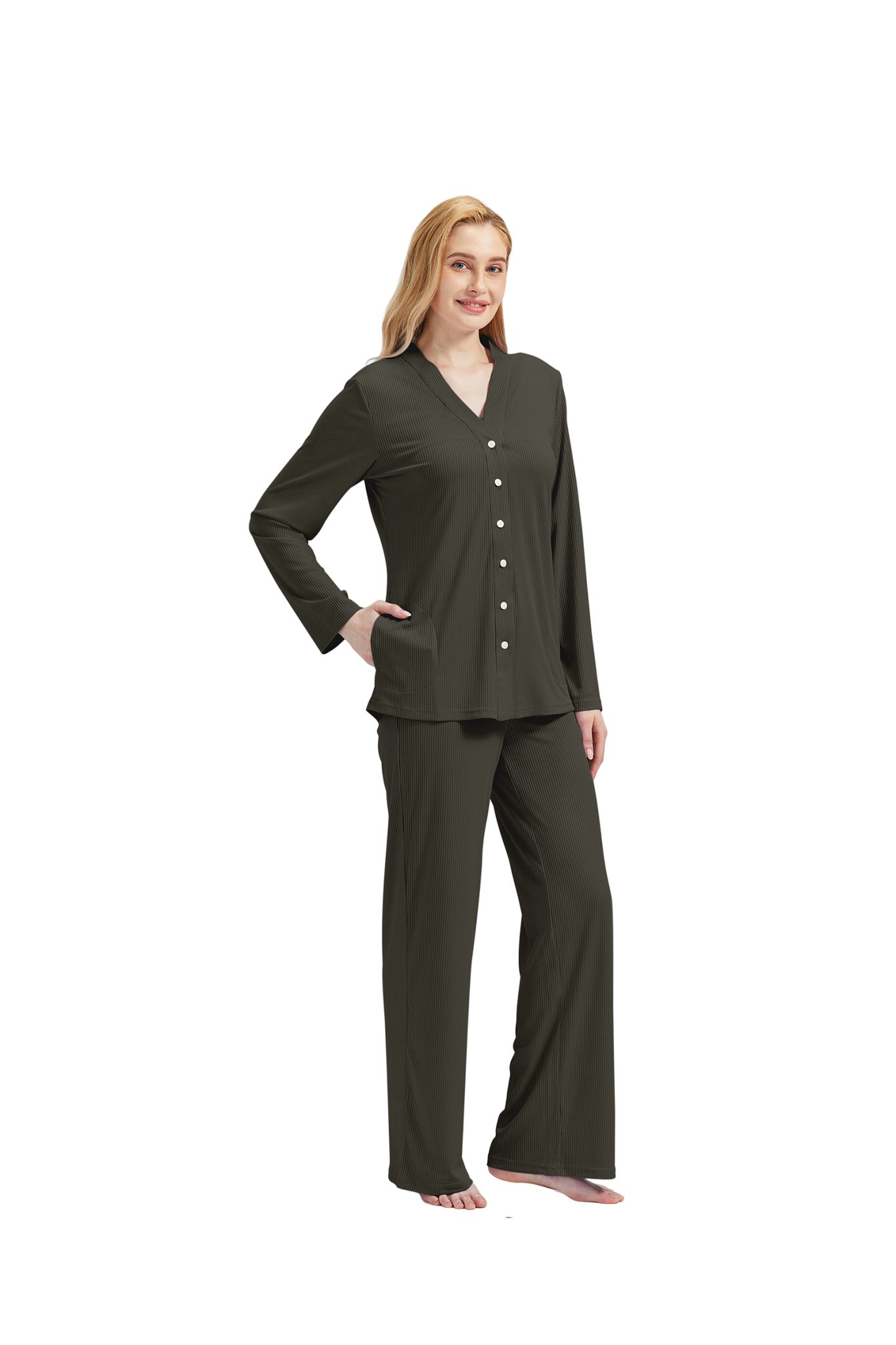 RAIKOU Schlafanzug Damen Pyjama-Set Damenwäsche V-Ausschnitt (Set, 3 tlg) incl.Jacket Top Hose